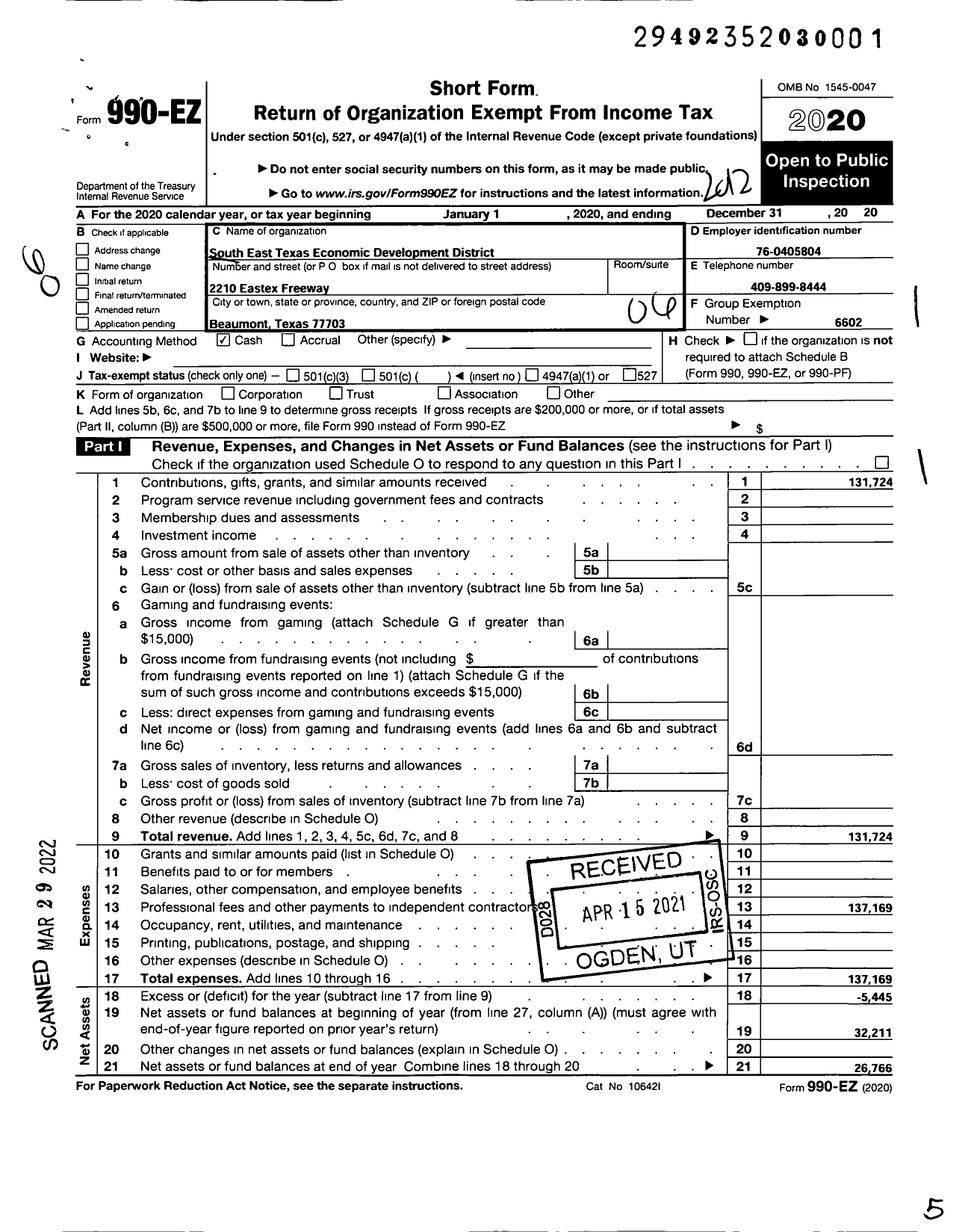 Image of first page of 2020 Form 990EO for South East Texas Economic Development District