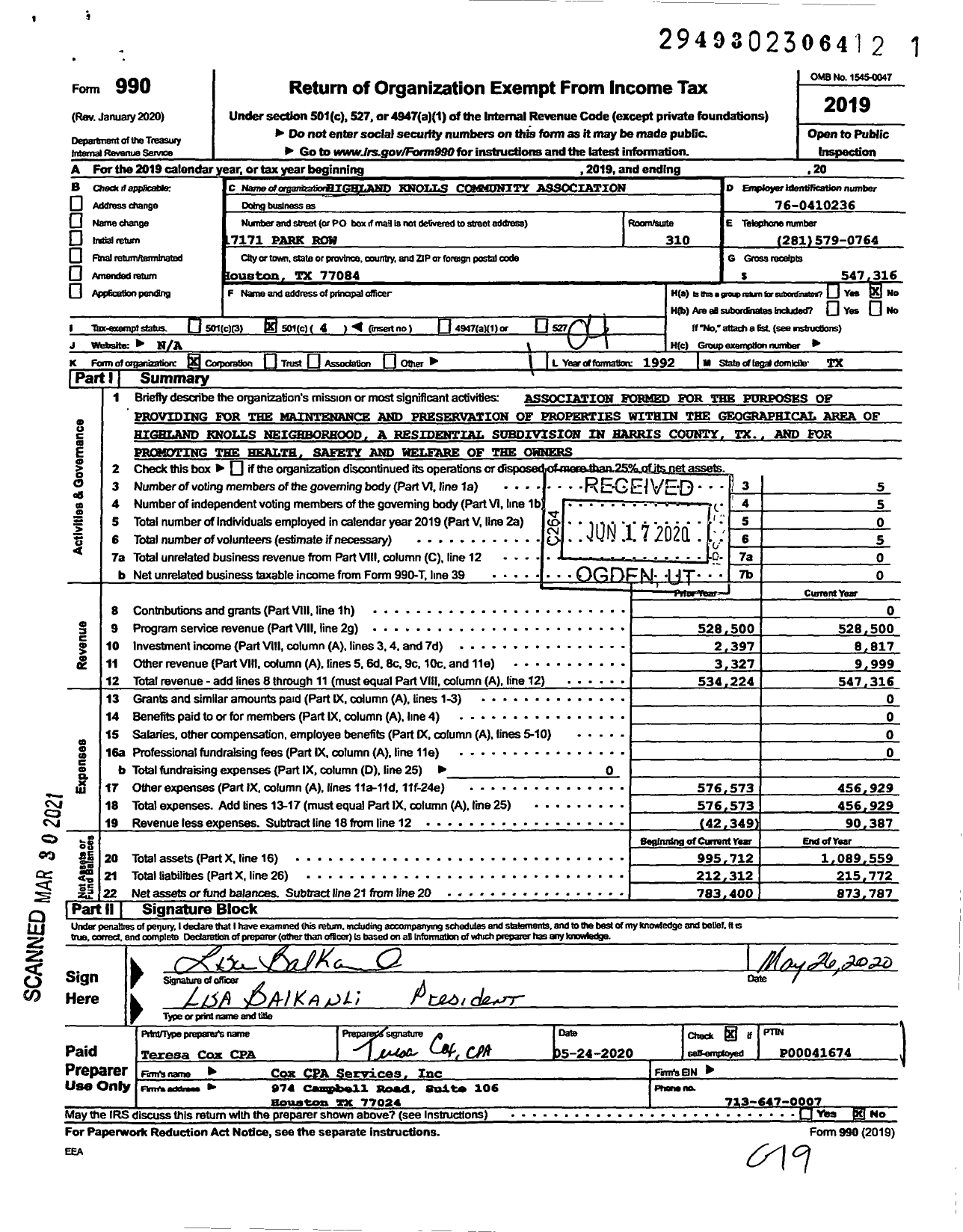 Image of first page of 2019 Form 990O for Highland Knolls Community Association