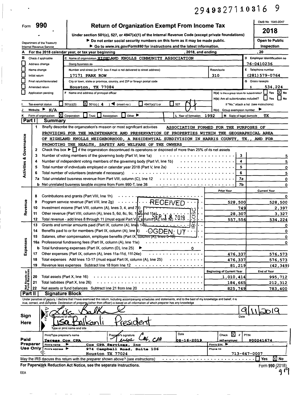 Image of first page of 2018 Form 990O for Highland Knolls Community Association