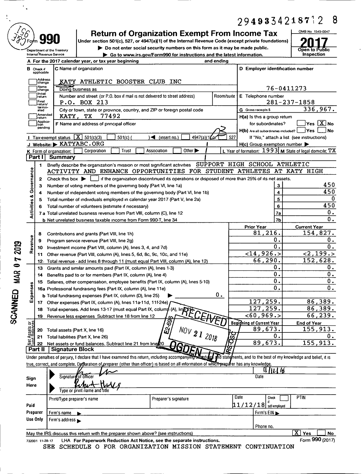 Image of first page of 2017 Form 990 for KHS Athletic Booster Club