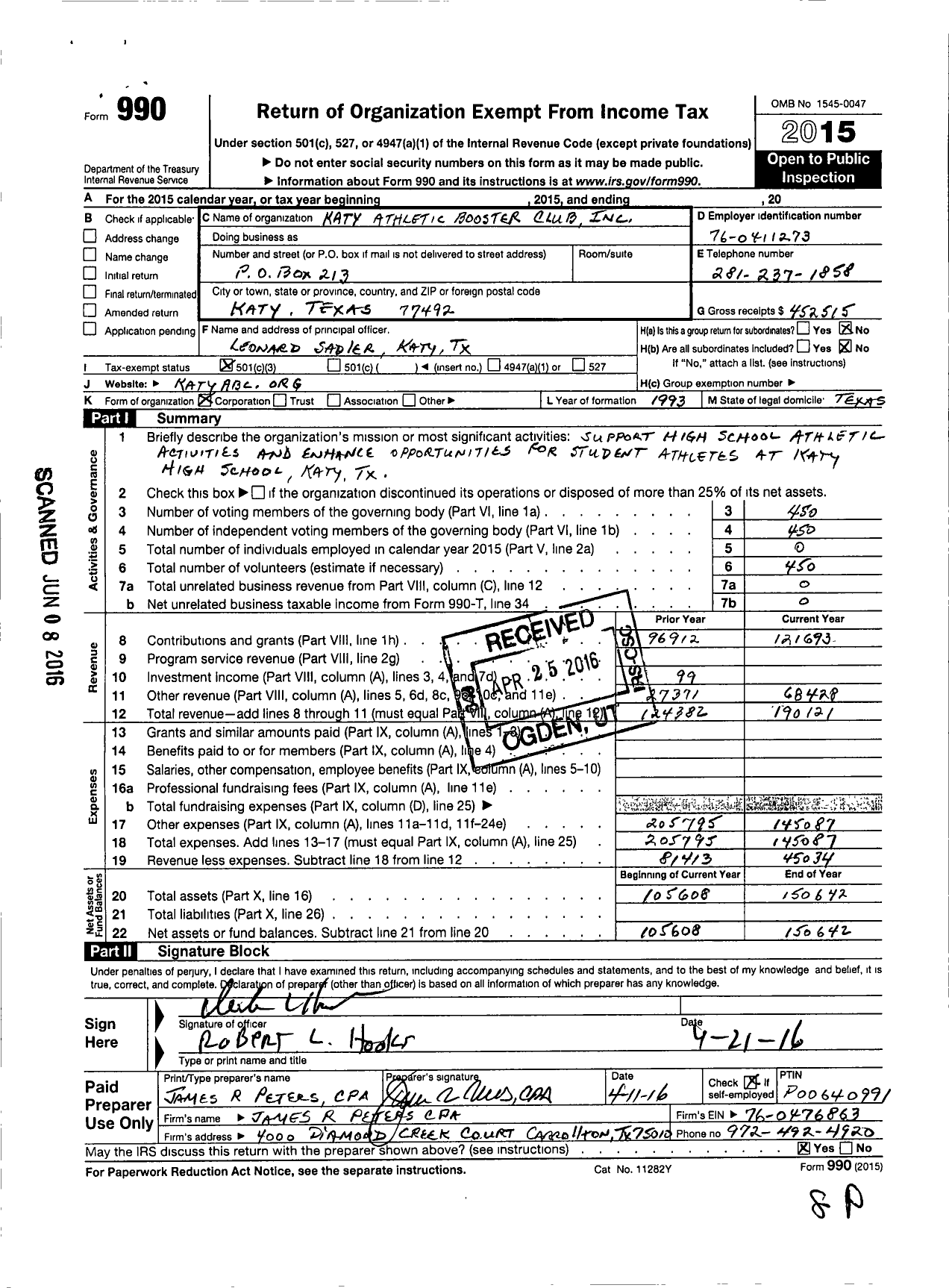 Image of first page of 2015 Form 990 for KHS Athletic Booster Club