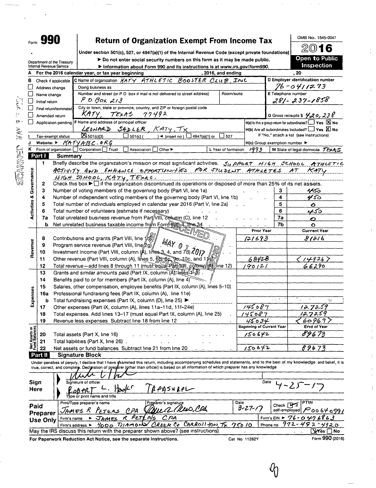 Image of first page of 2016 Form 990 for KHS Athletic Booster Club