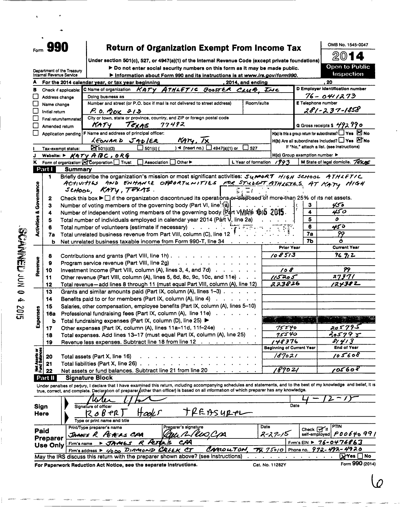 Image of first page of 2014 Form 990 for KHS Athletic Booster Club