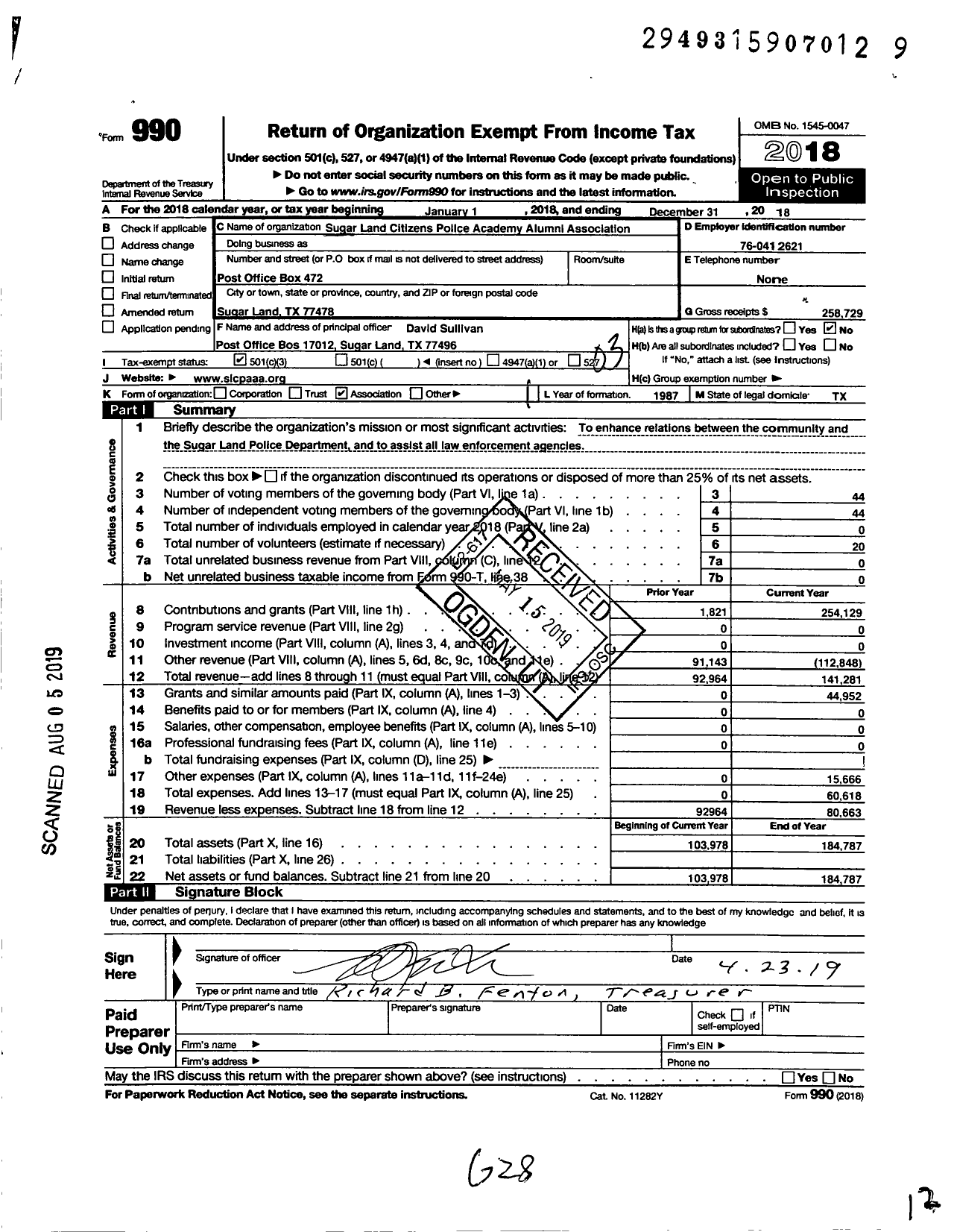 Image of first page of 2018 Form 990 for Sugar Land Citizens Police Academy Alumni Association