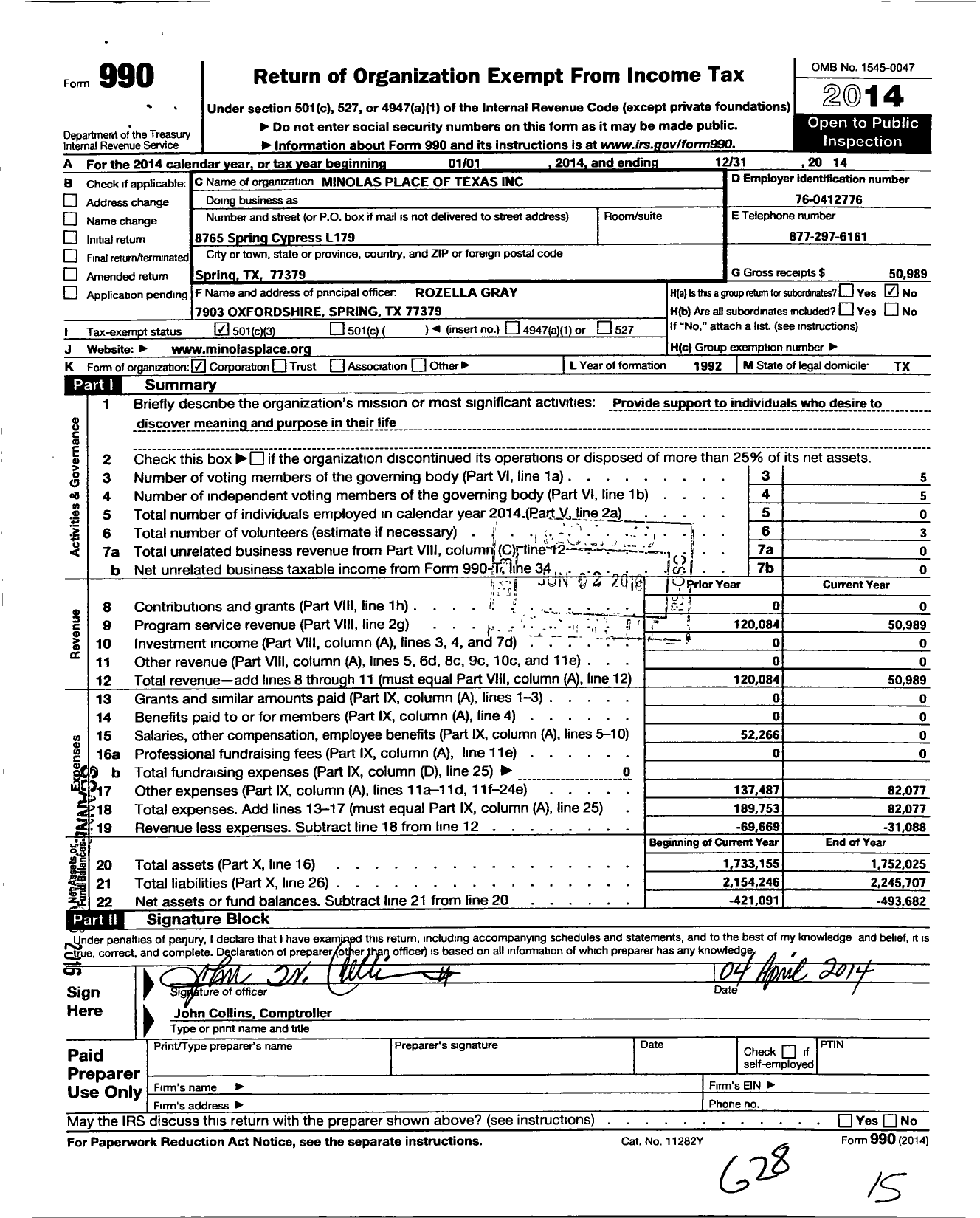 Image of first page of 2014 Form 990 for Minolas Place of Texas