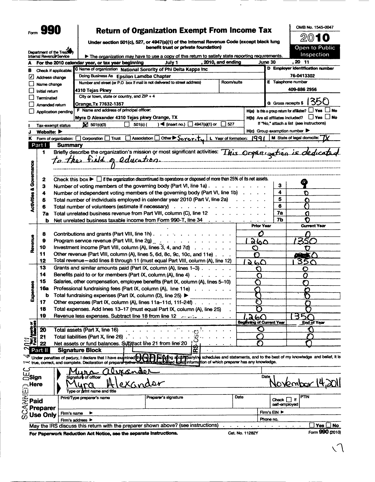 Image of first page of 2010 Form 990 for National Sorority of Phi Delta Kappa / Epsilon Lamdba Chapter