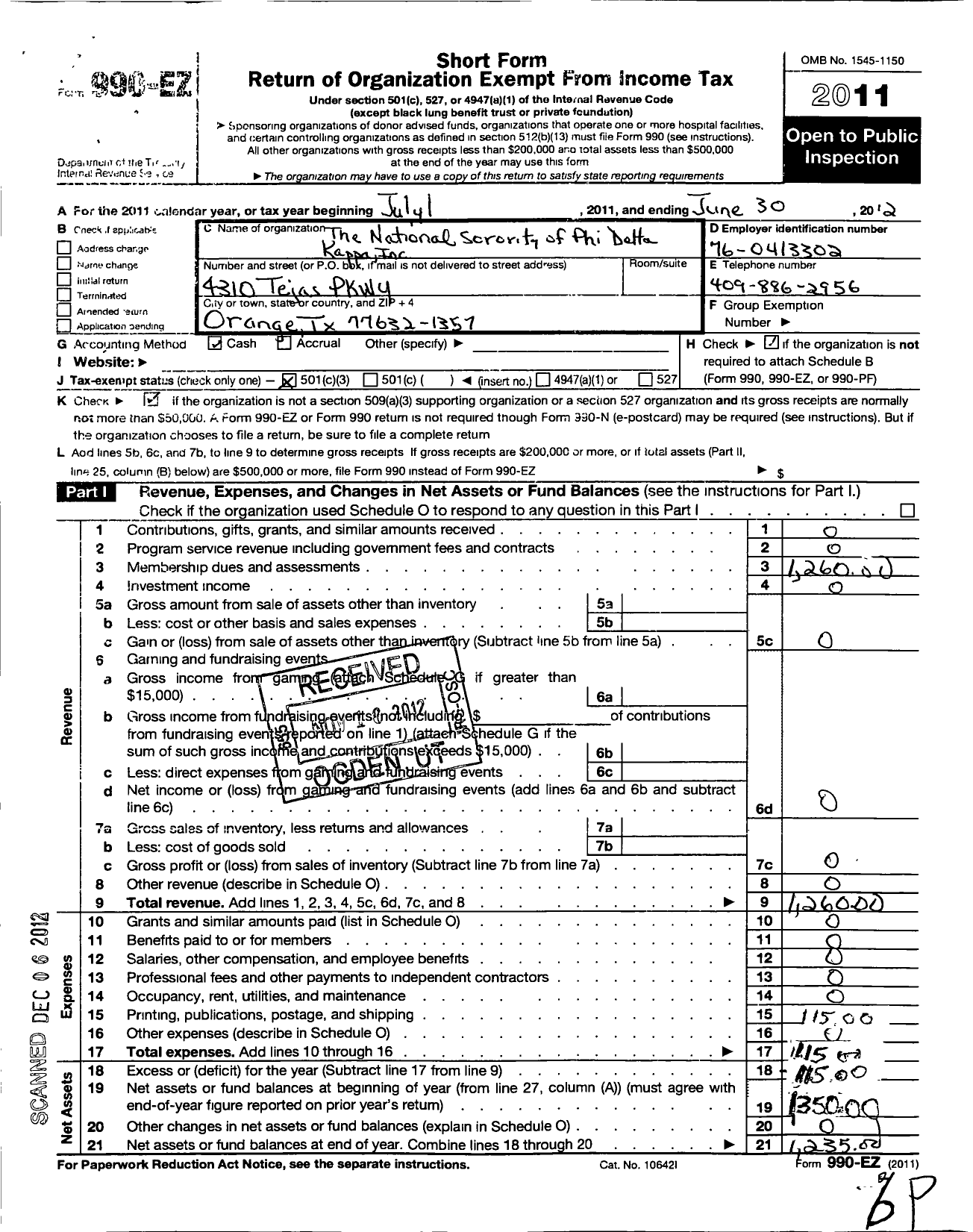 Image of first page of 2011 Form 990EZ for National Sorority of Phi Delta Kappa / Epsilon Lamdba Chapter