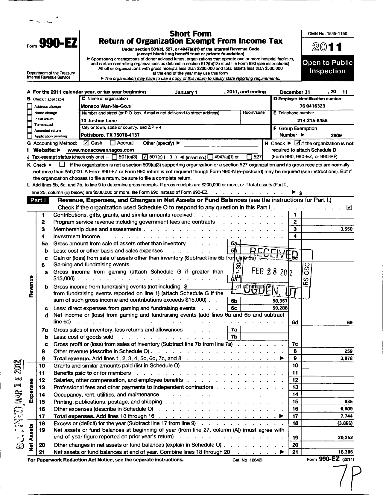 Image of first page of 2011 Form 990EO for Family Motor Coach Association / Wan-Na-Gos