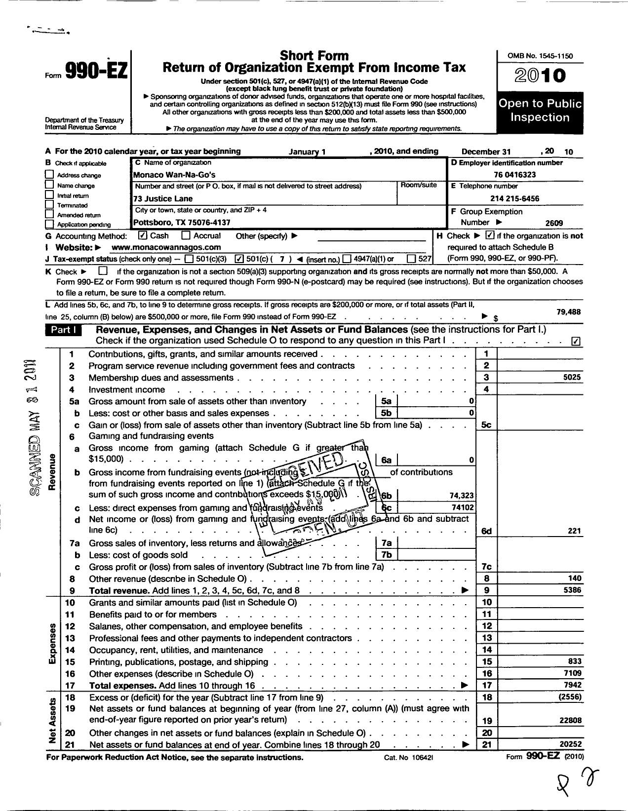 Image of first page of 2010 Form 990EO for Family Motor Coach Association / Wan-Na-Gos