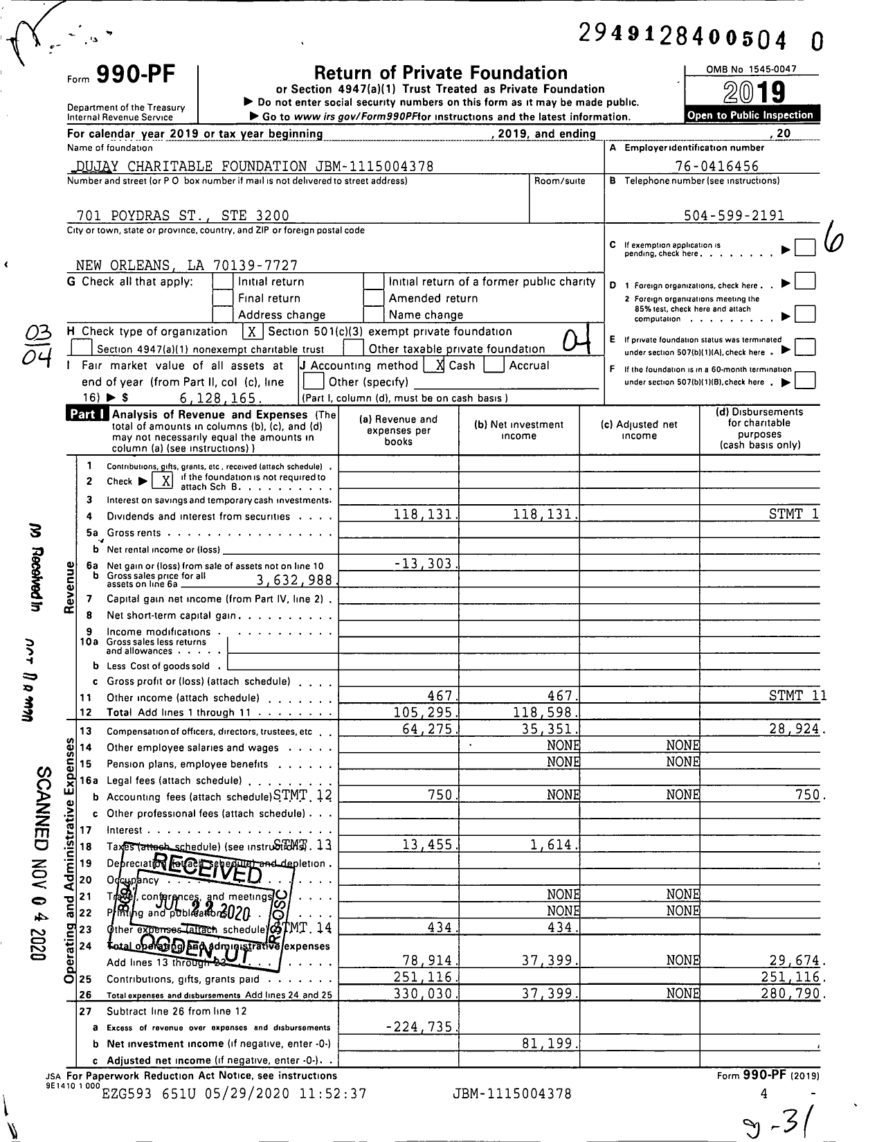 Image of first page of 2019 Form 990PF for Dujay Charitable Foundation 1554-1115004378