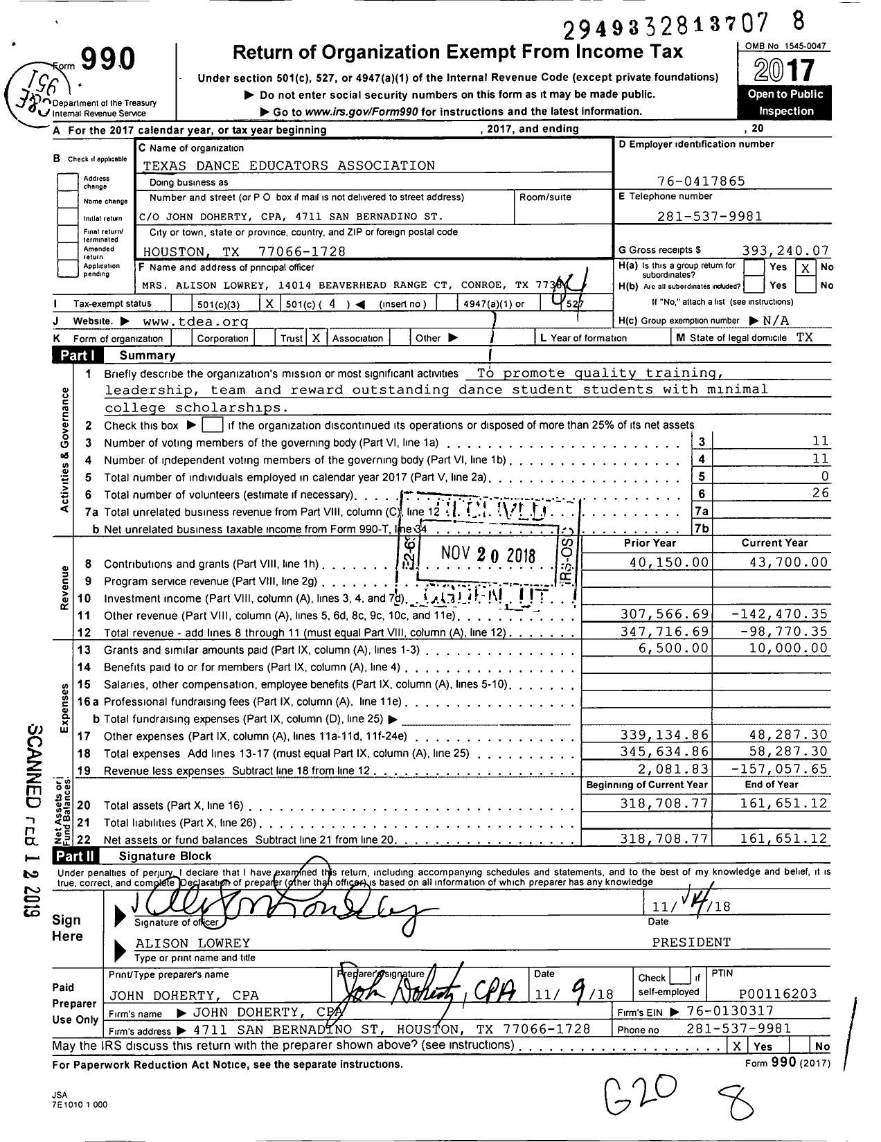 Image of first page of 2017 Form 990O for Texas Dance Educators Association