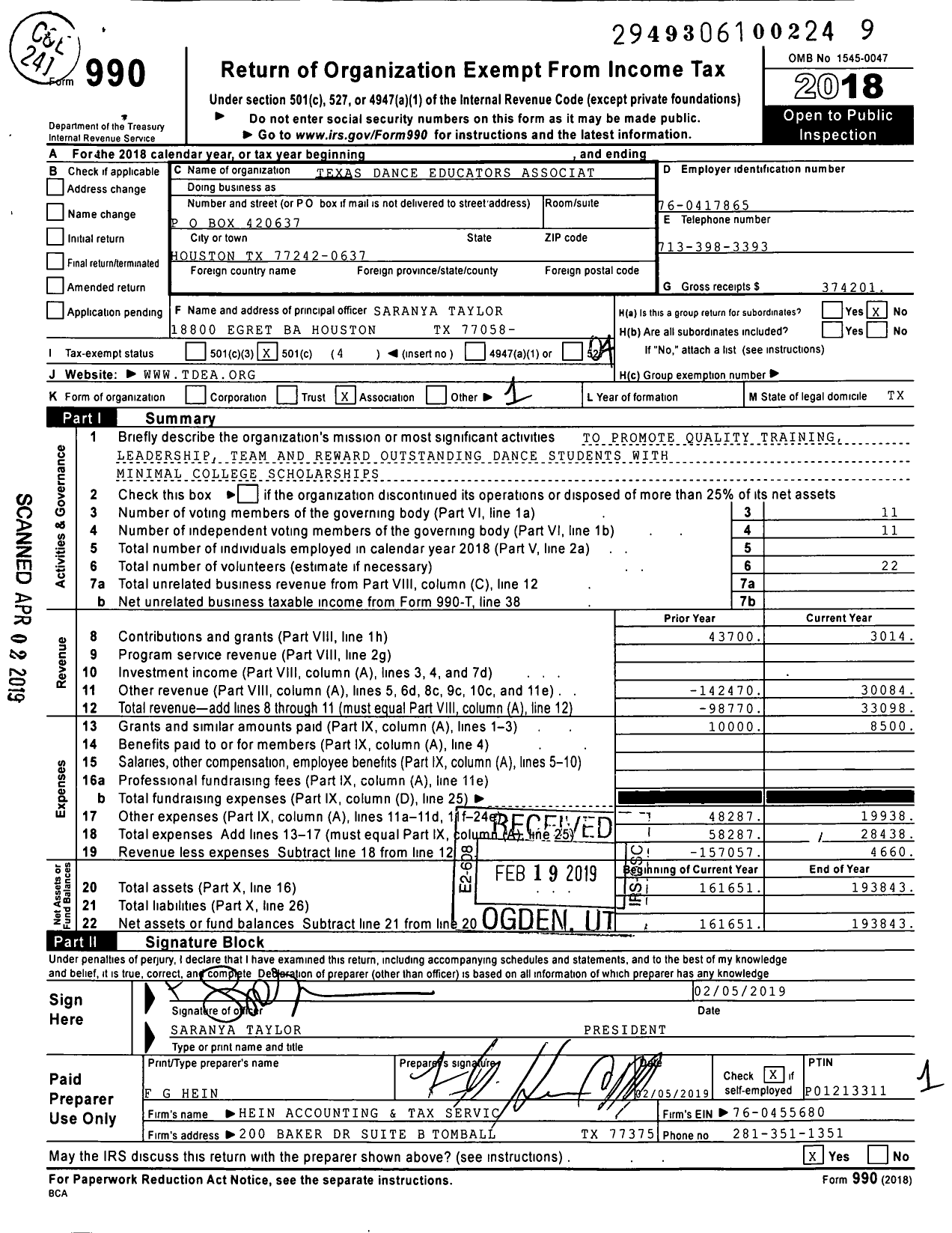 Image of first page of 2018 Form 990O for Texas Dance Educators Association