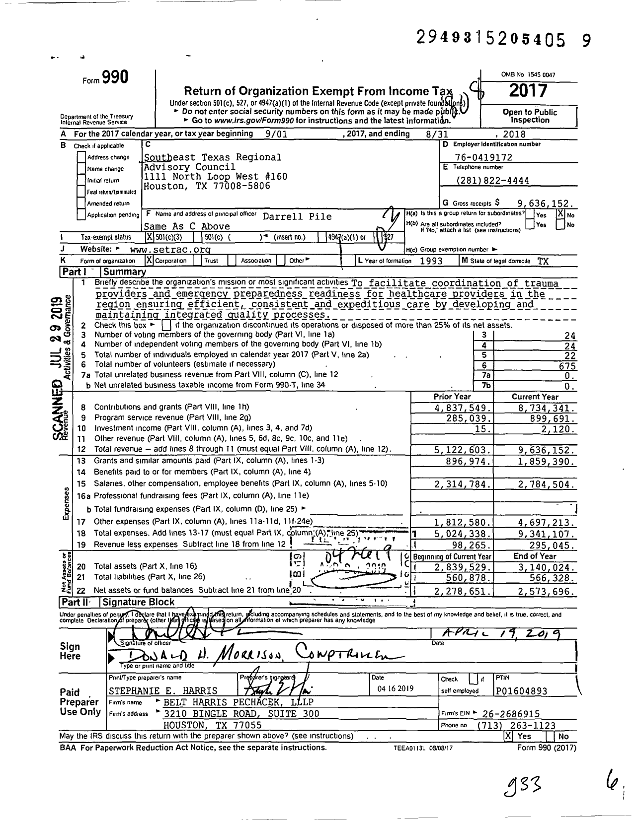 Image of first page of 2017 Form 990 for Southeast Texas Regional Advisory Council