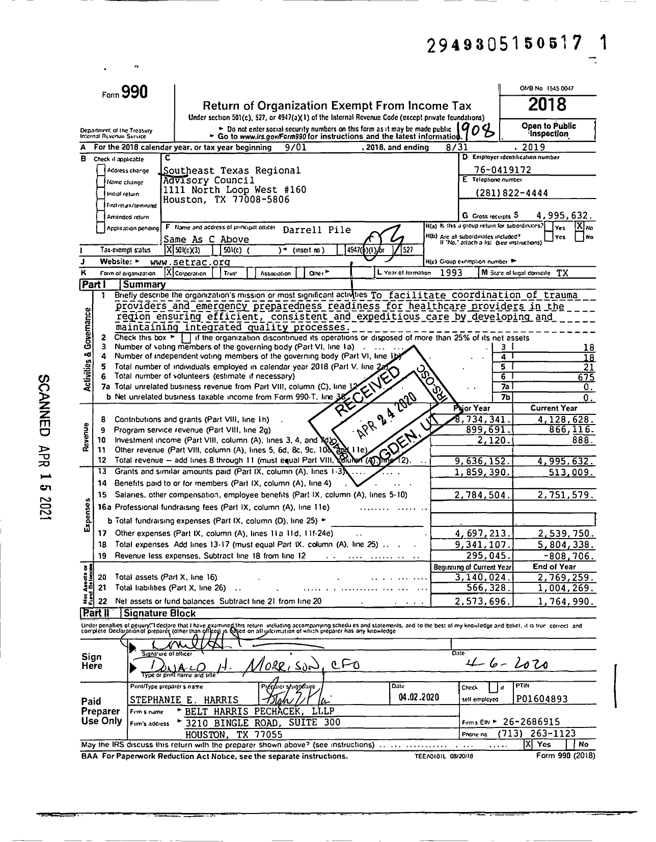 Image of first page of 2018 Form 990 for Southeast Texas Regional Advisory Council