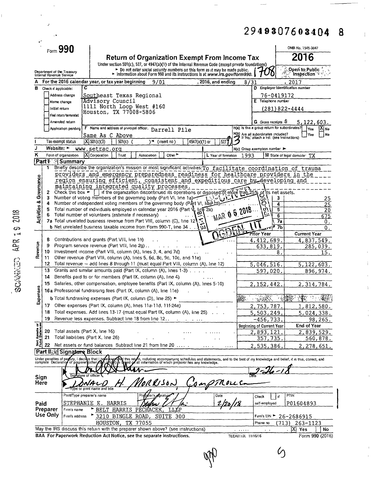 Image of first page of 2016 Form 990 for Southeast Texas Regional Advisory Council