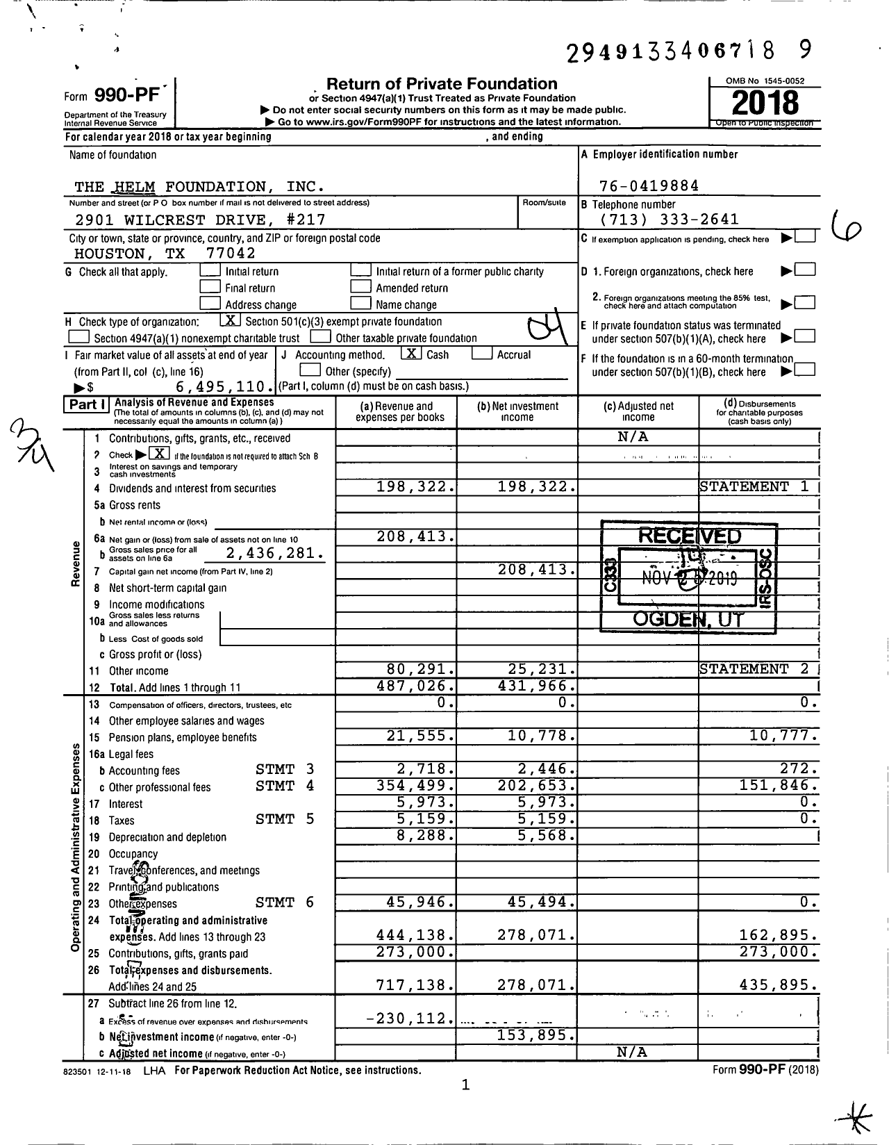 Image of first page of 2018 Form 990PF for The Helm Foundation