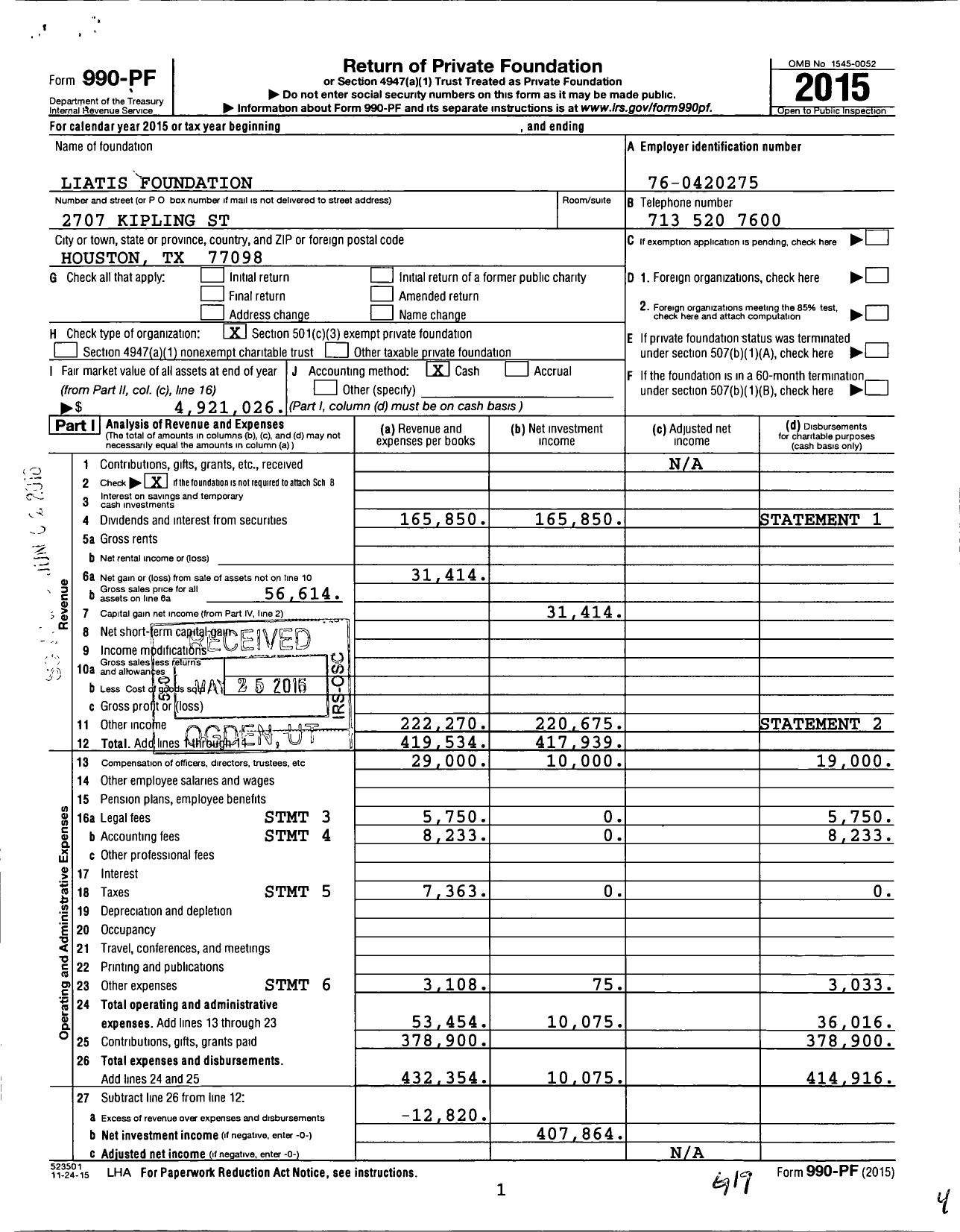 Image of first page of 2015 Form 990PF for Liatis Foundation