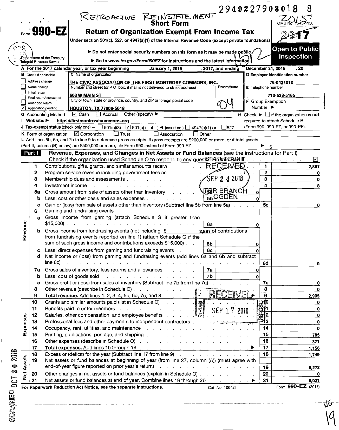 Image of first page of 2015 Form 990EO for Civic Association of the First Montrose Commons