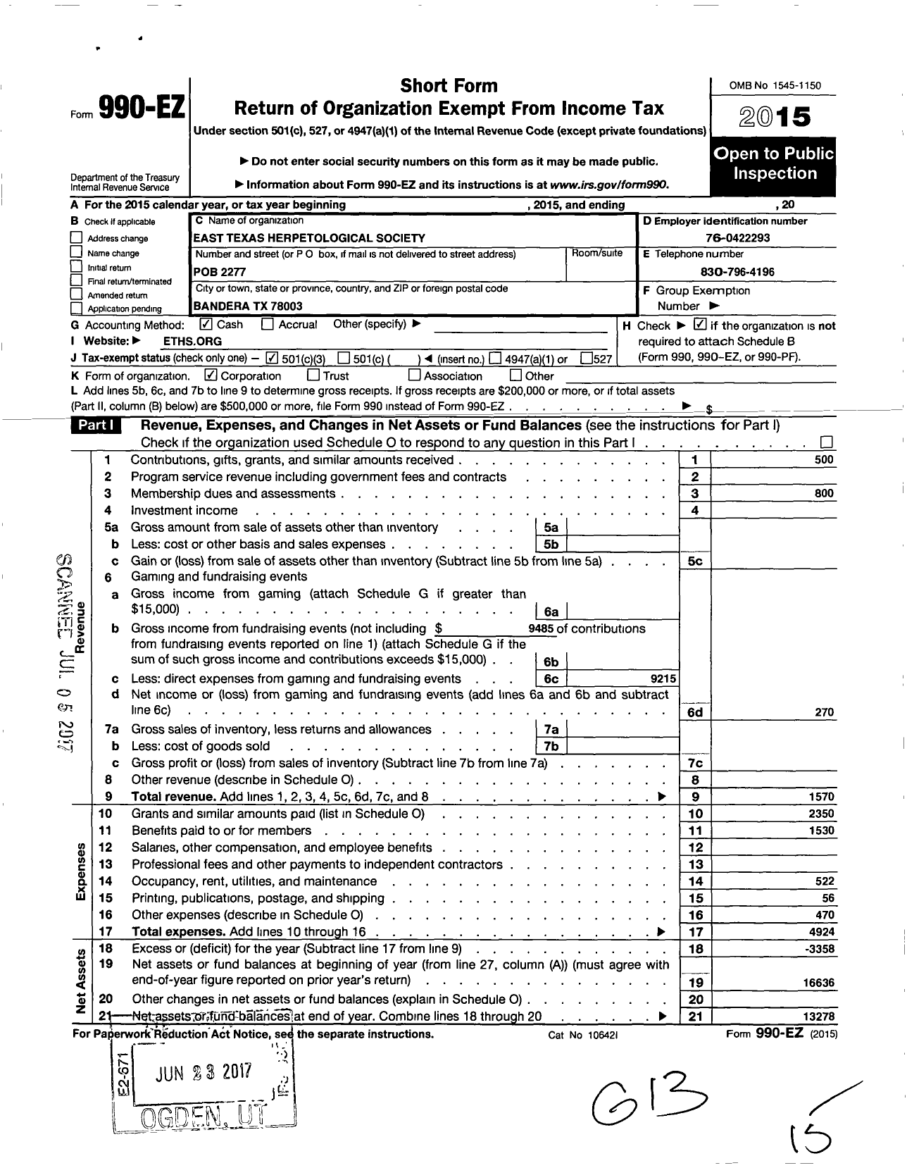 Image of first page of 2015 Form 990EZ for East Texas Herpetological Society