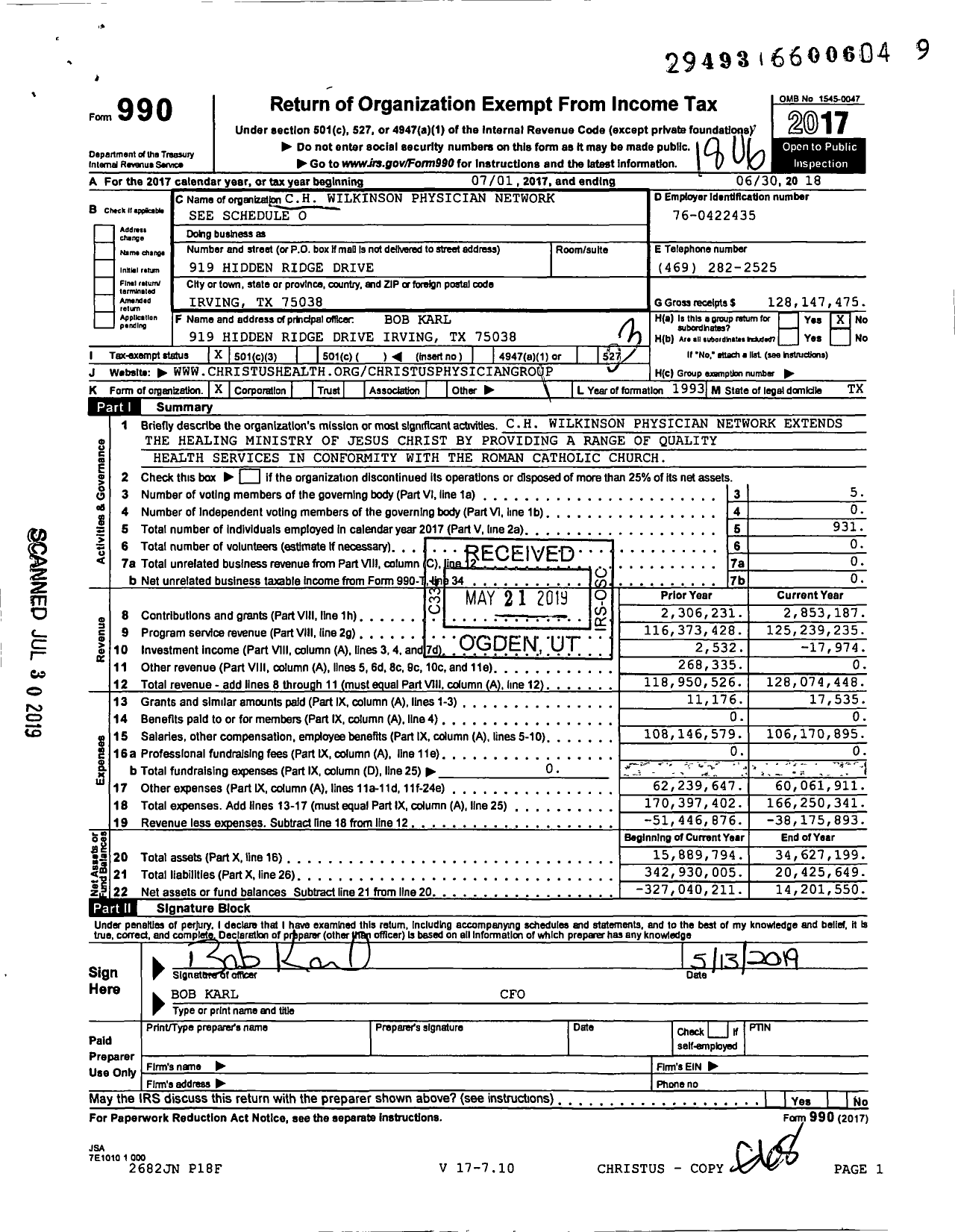 Image of first page of 2017 Form 990 for CHRISTUS Health