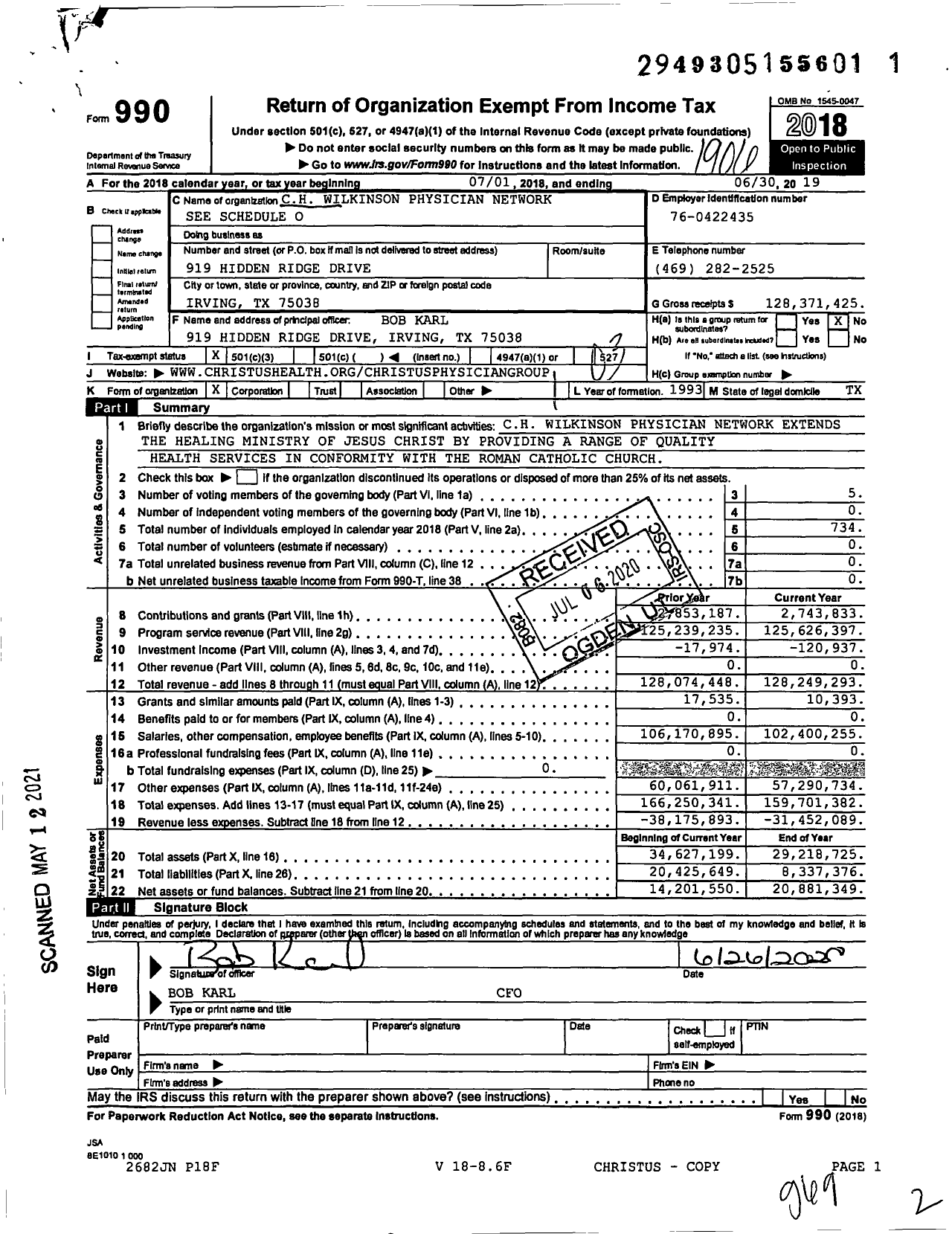 Image of first page of 2018 Form 990 for CHRISTUS Health