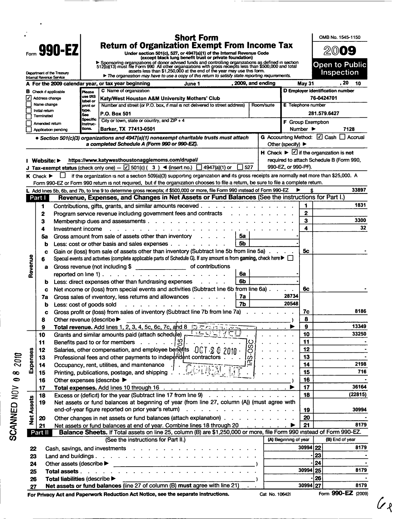 Image of first page of 2009 Form 990EZ for Federation of Texas A&m University Mothers Club / Katy-West Houston