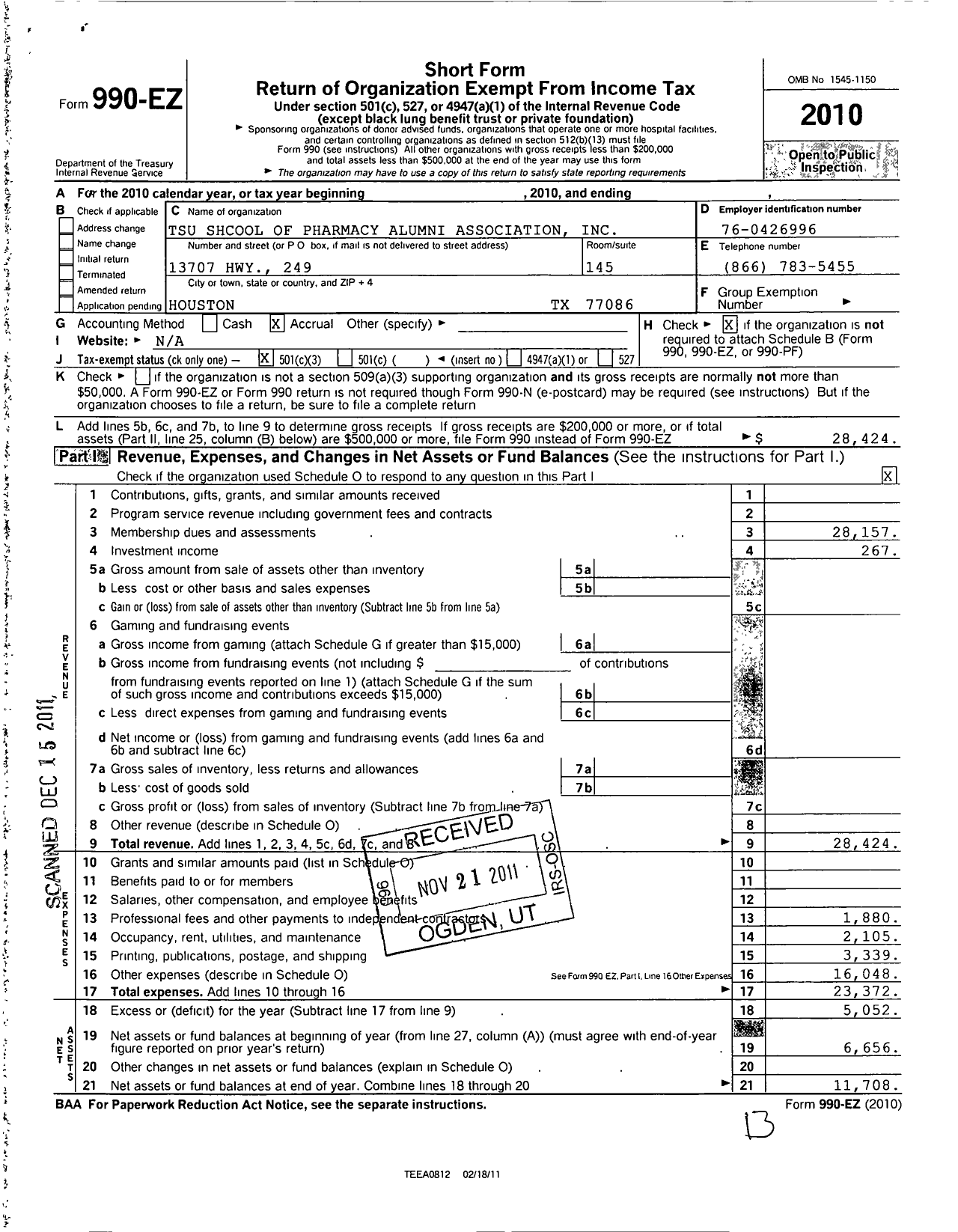 Image of first page of 2010 Form 990EZ for Texas Southern University School of Pharmacy Alumni Association