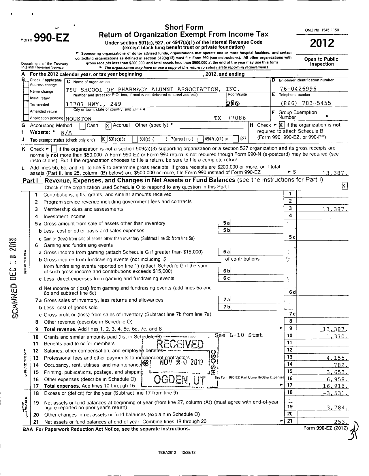 Image of first page of 2012 Form 990EZ for Texas Southern University School of Pharmacy Alumni Association