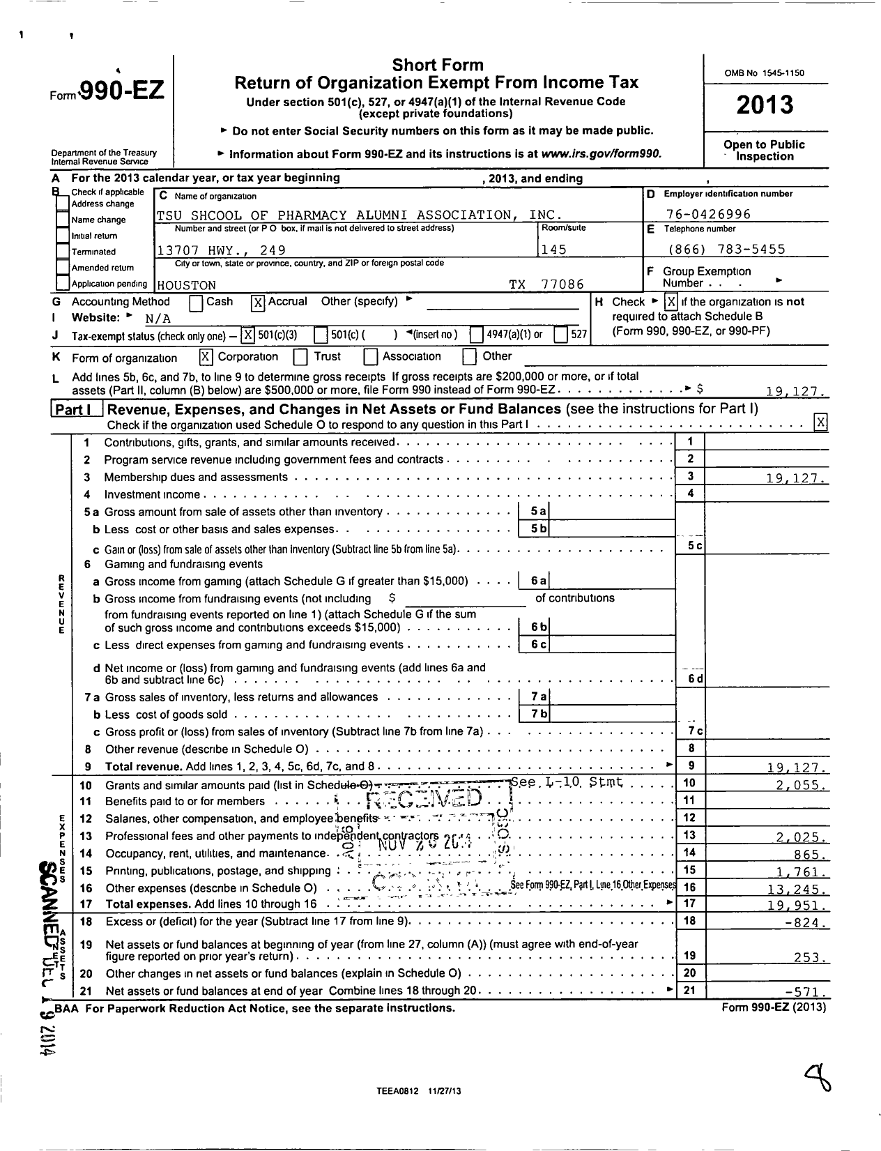 Image of first page of 2013 Form 990EZ for Texas Southern University School of Pharmacy Alumni Association