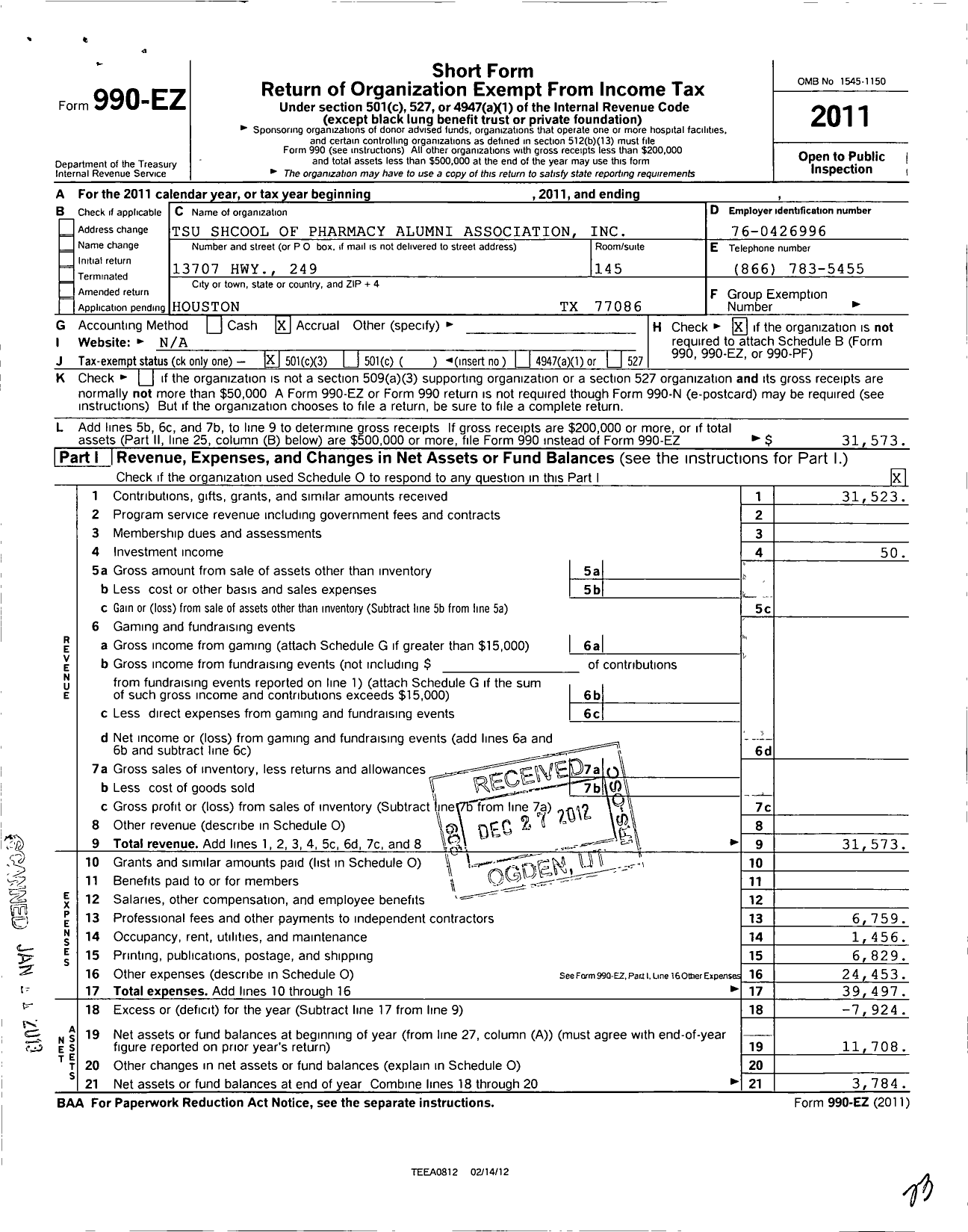 Image of first page of 2011 Form 990EZ for Texas Southern University School of Pharmacy Alumni Association