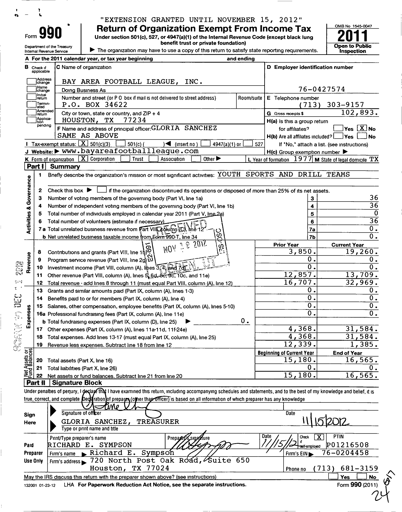 Image of first page of 2011 Form 990 for Bay Area Football League