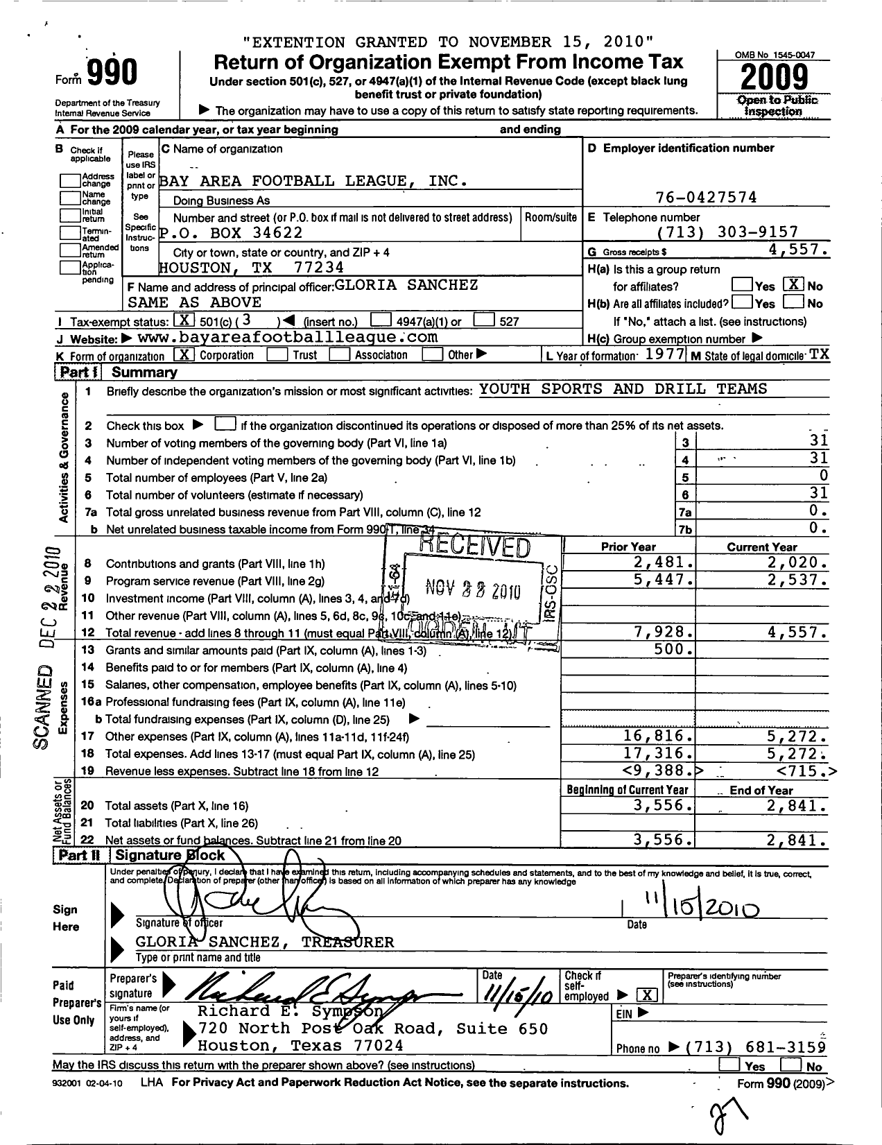 Image of first page of 2009 Form 990 for Bay Area Football League