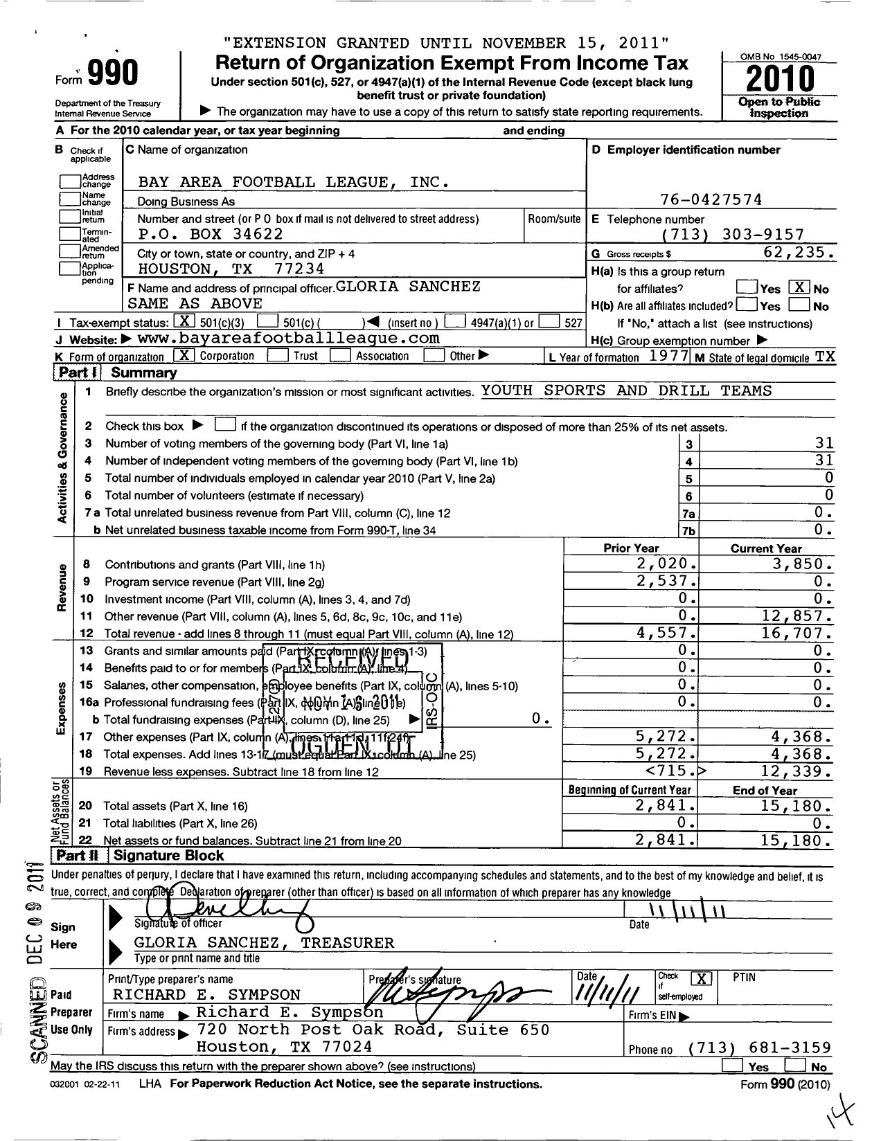 Image of first page of 2010 Form 990 for Bay Area Football League