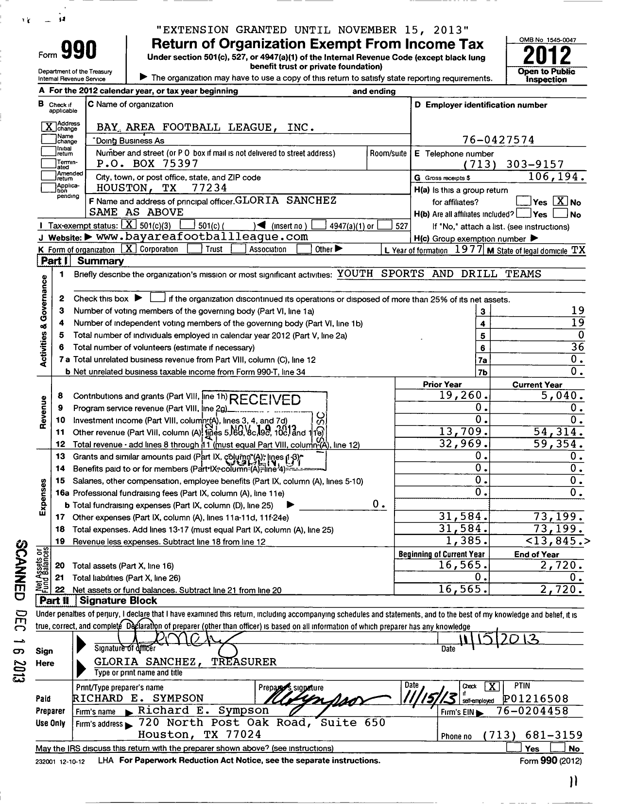 Image of first page of 2012 Form 990 for Bay Area Football League