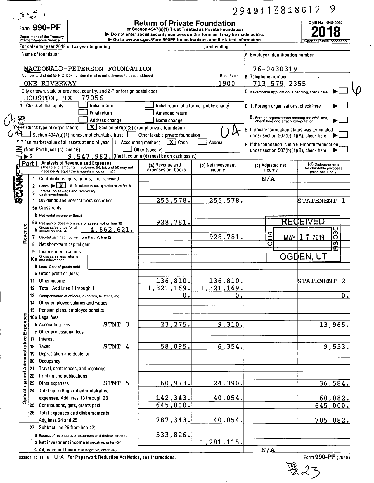 Image of first page of 2018 Form 990PF for Macdonald-Peterson Foundation