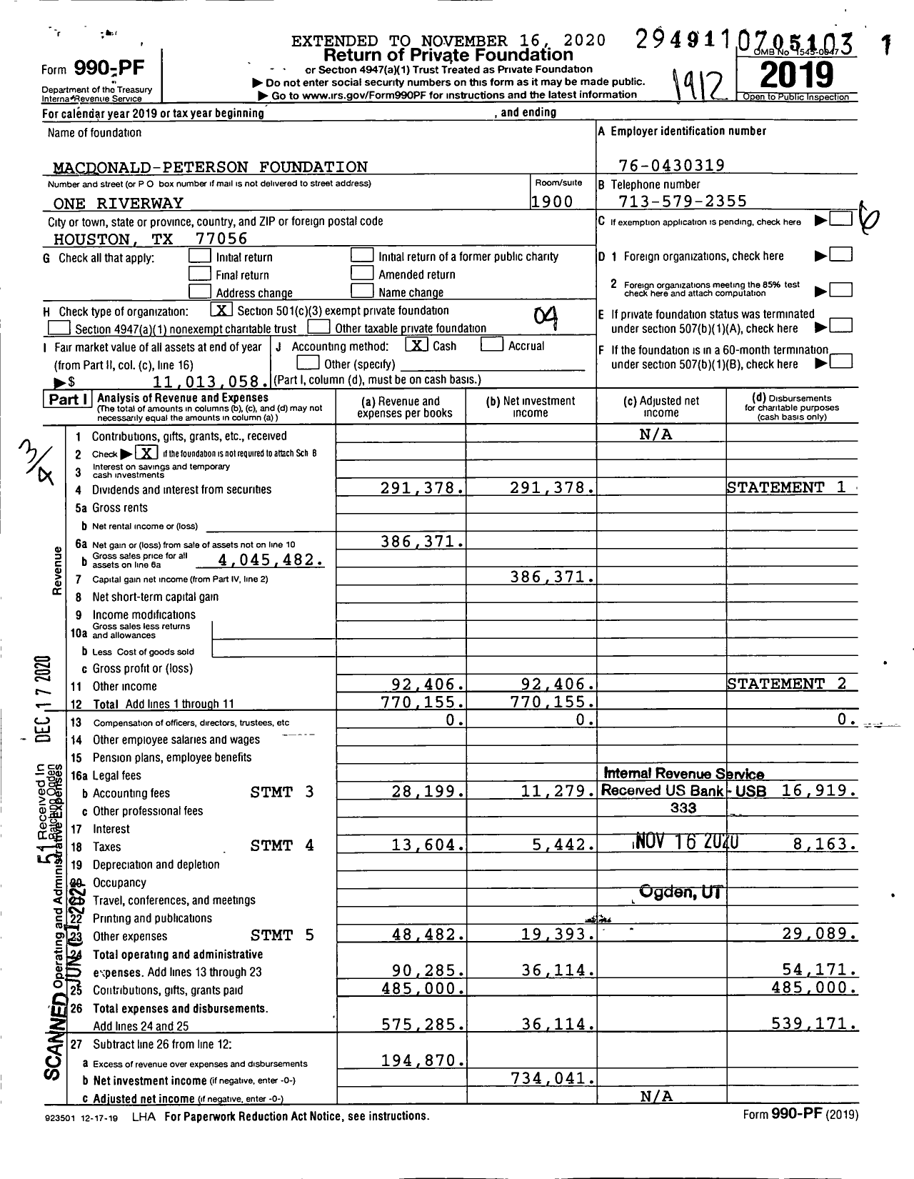 Image of first page of 2019 Form 990PF for Macdonald-Peterson Foundation