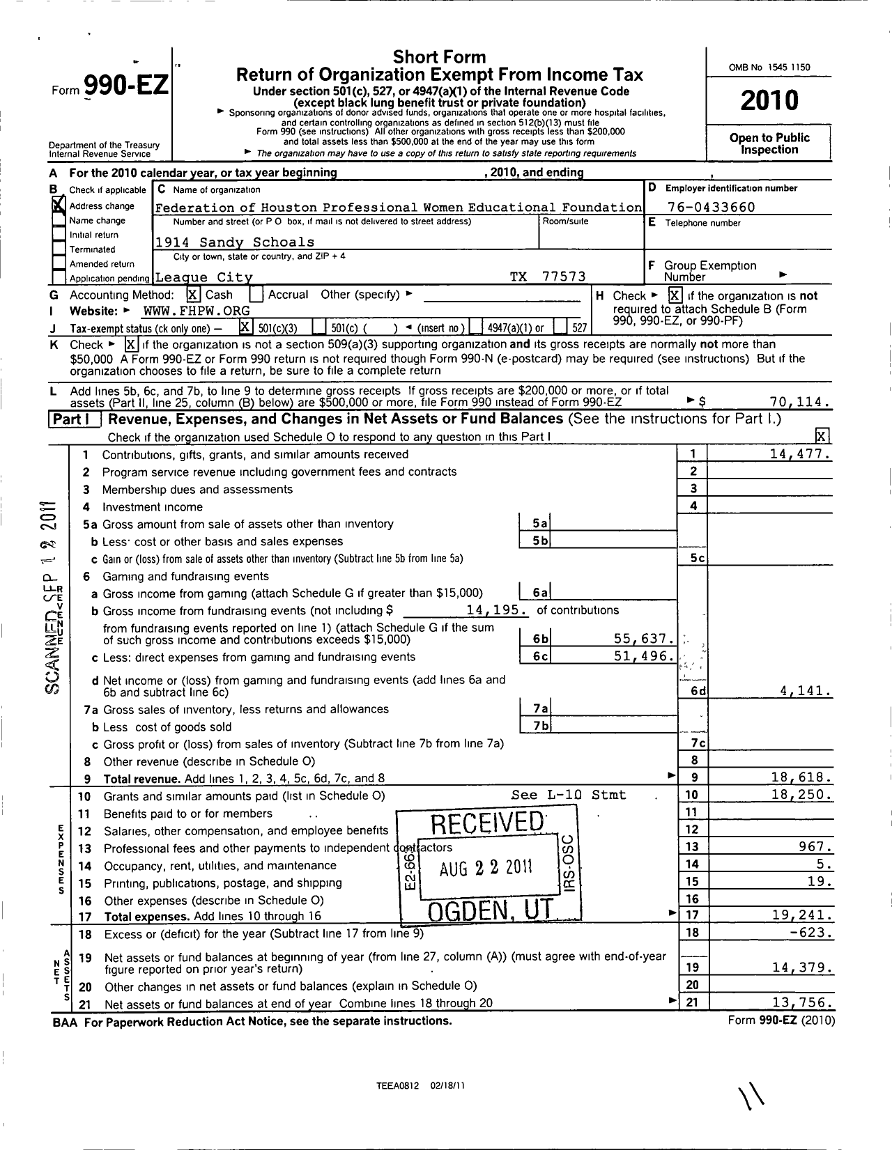 Image of first page of 2010 Form 990EZ for Federation of Houston Professional Women Educational Foundation