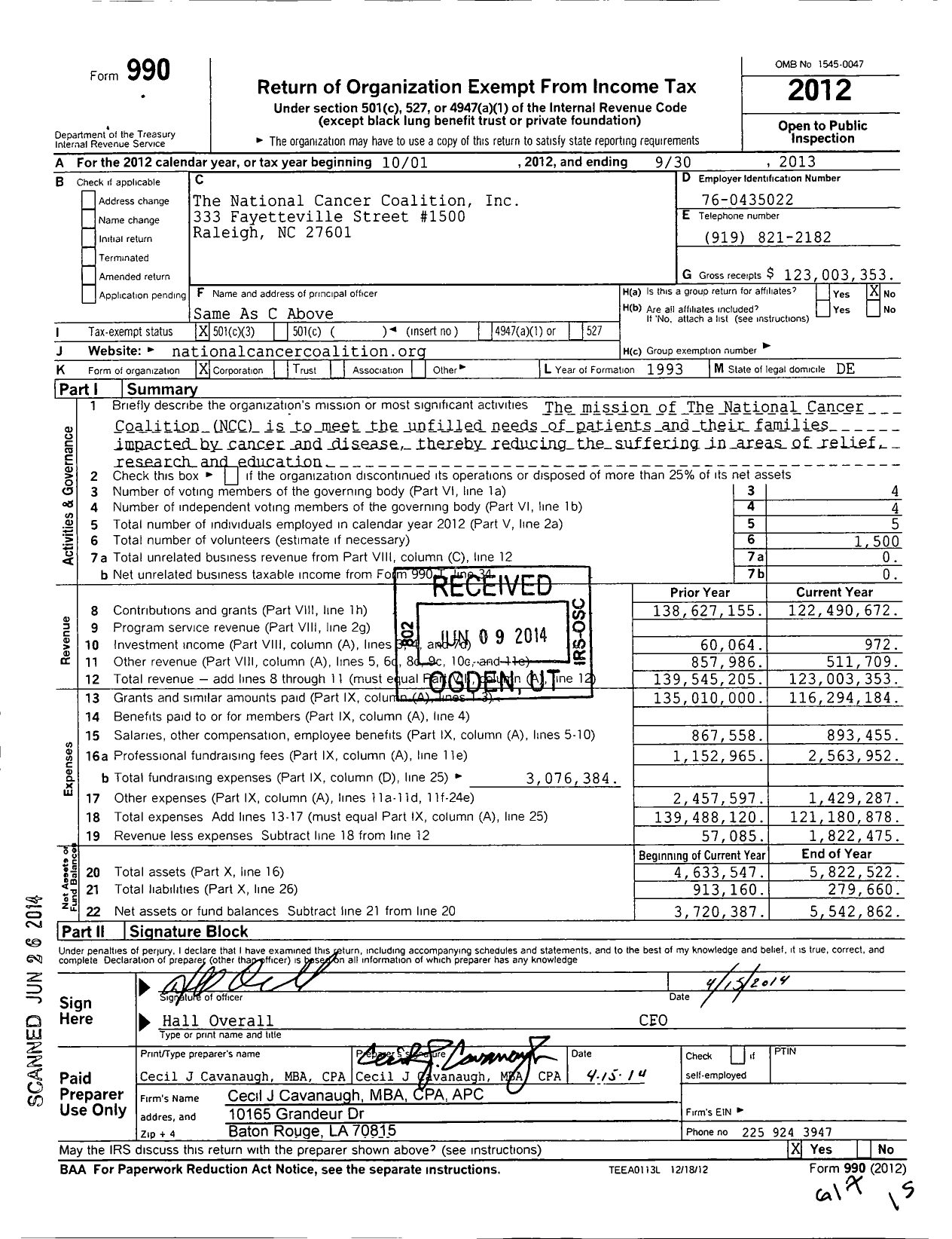 Image of first page of 2012 Form 990 for The National Cancer Coalition (NCC)