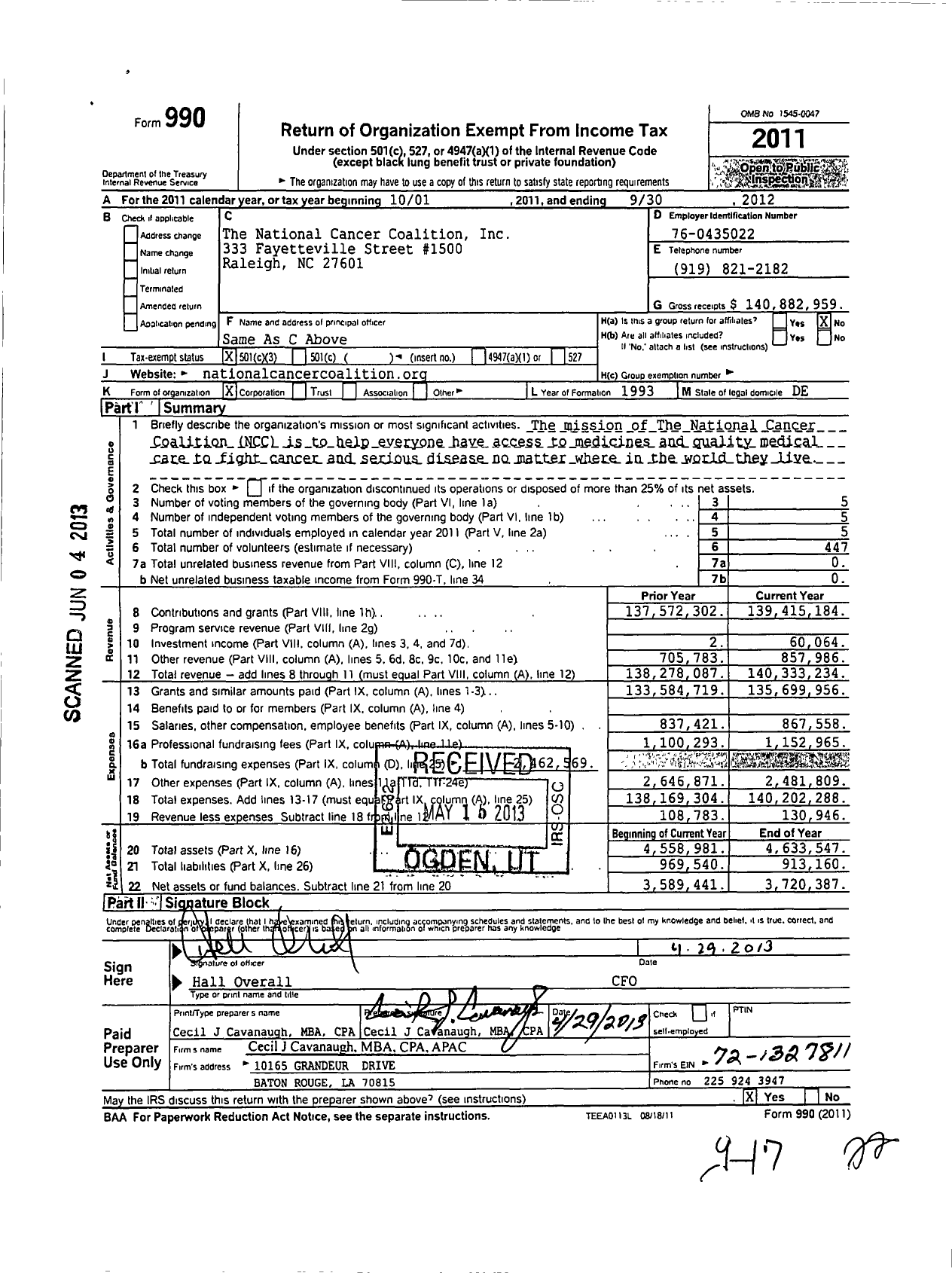 Image of first page of 2011 Form 990 for The National Cancer Coalition (NCC)