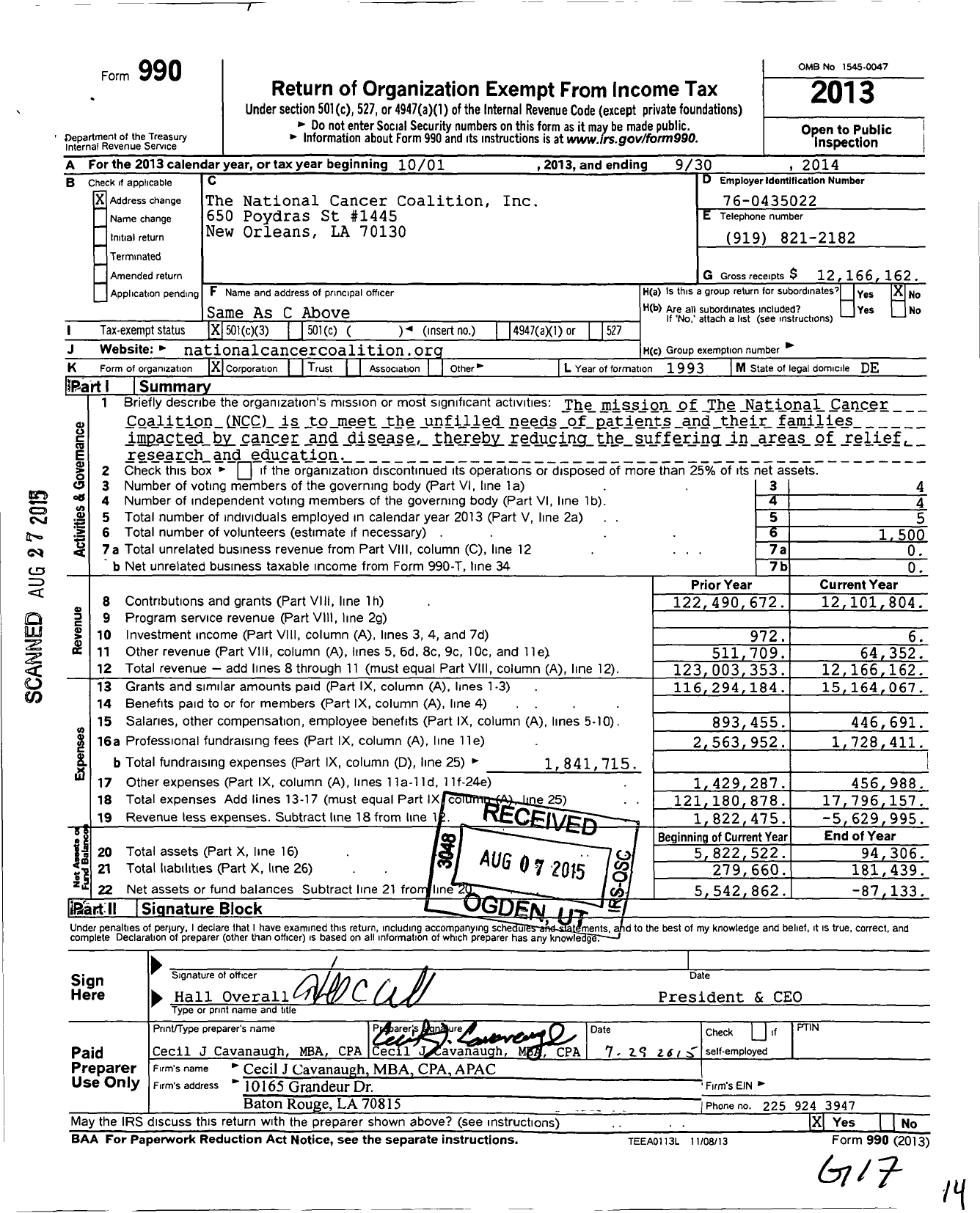 Image of first page of 2013 Form 990 for The National Cancer Coalition (NCC)