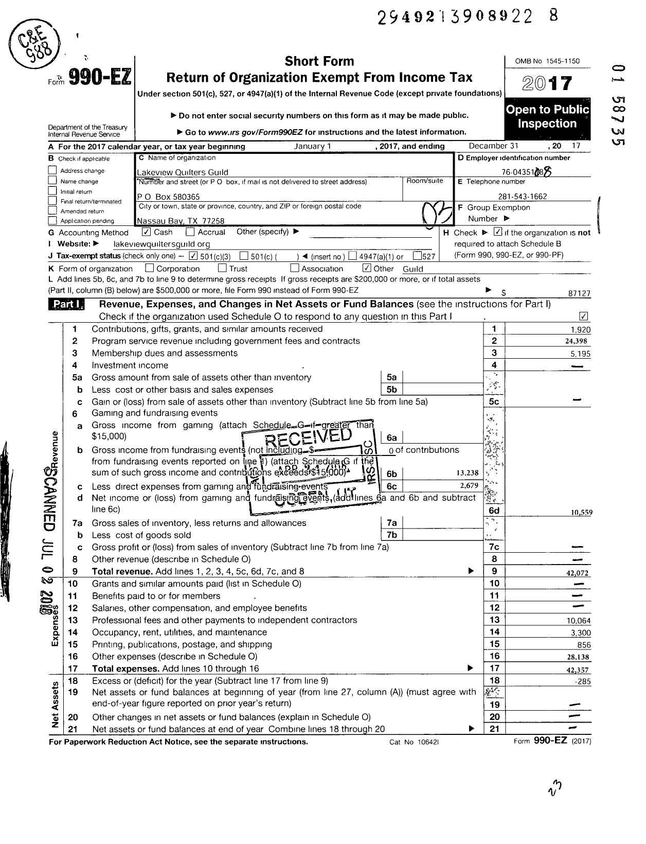 Image of first page of 2017 Form 990EZ for Lakeview Quilters Guild