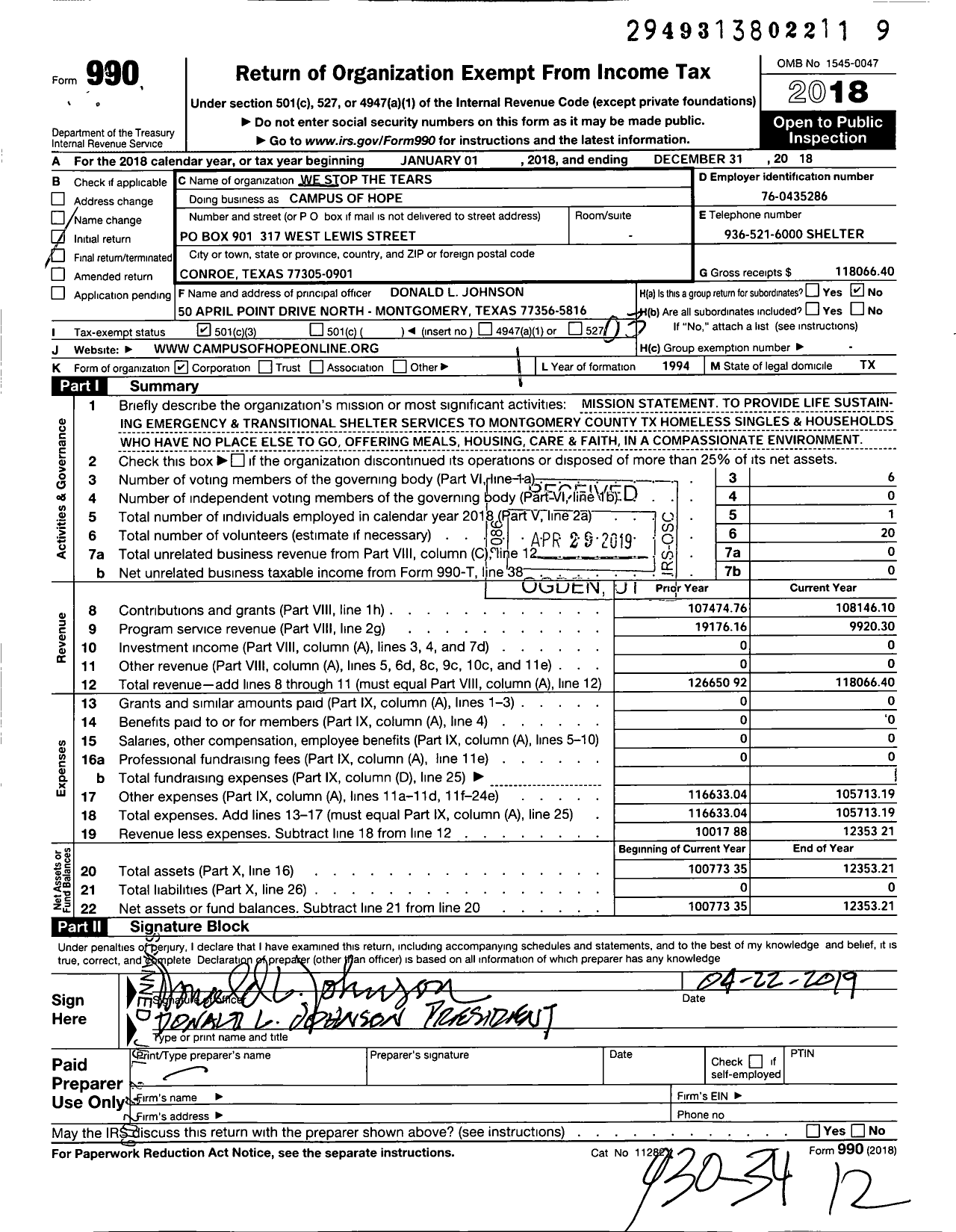 Image of first page of 2018 Form 990 for We Stop the Tears