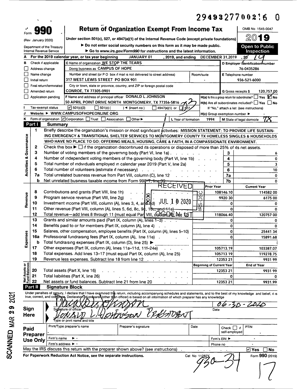 Image of first page of 2019 Form 990 for We Stop the Tears