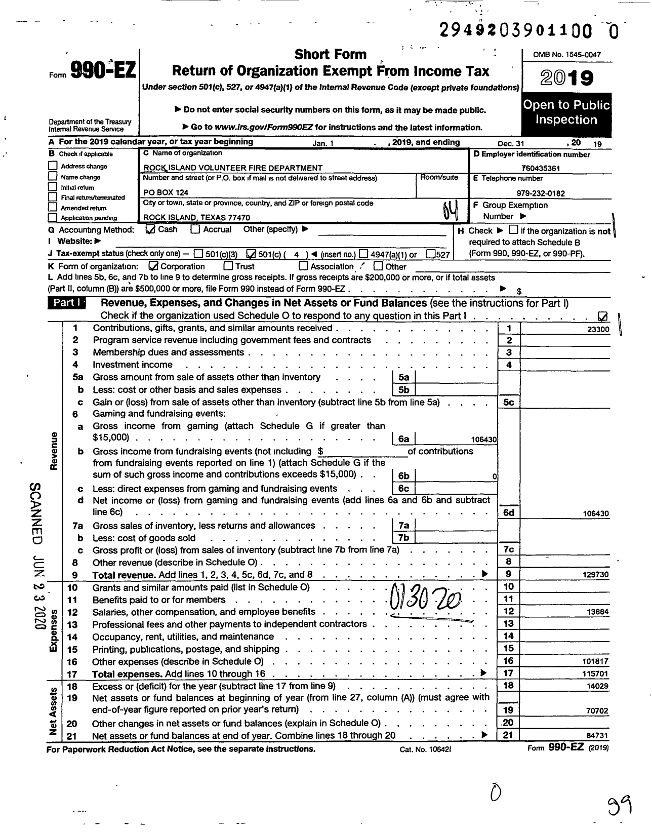 Image of first page of 2019 Form 990EO for Rock Island Volunteer Fire Department