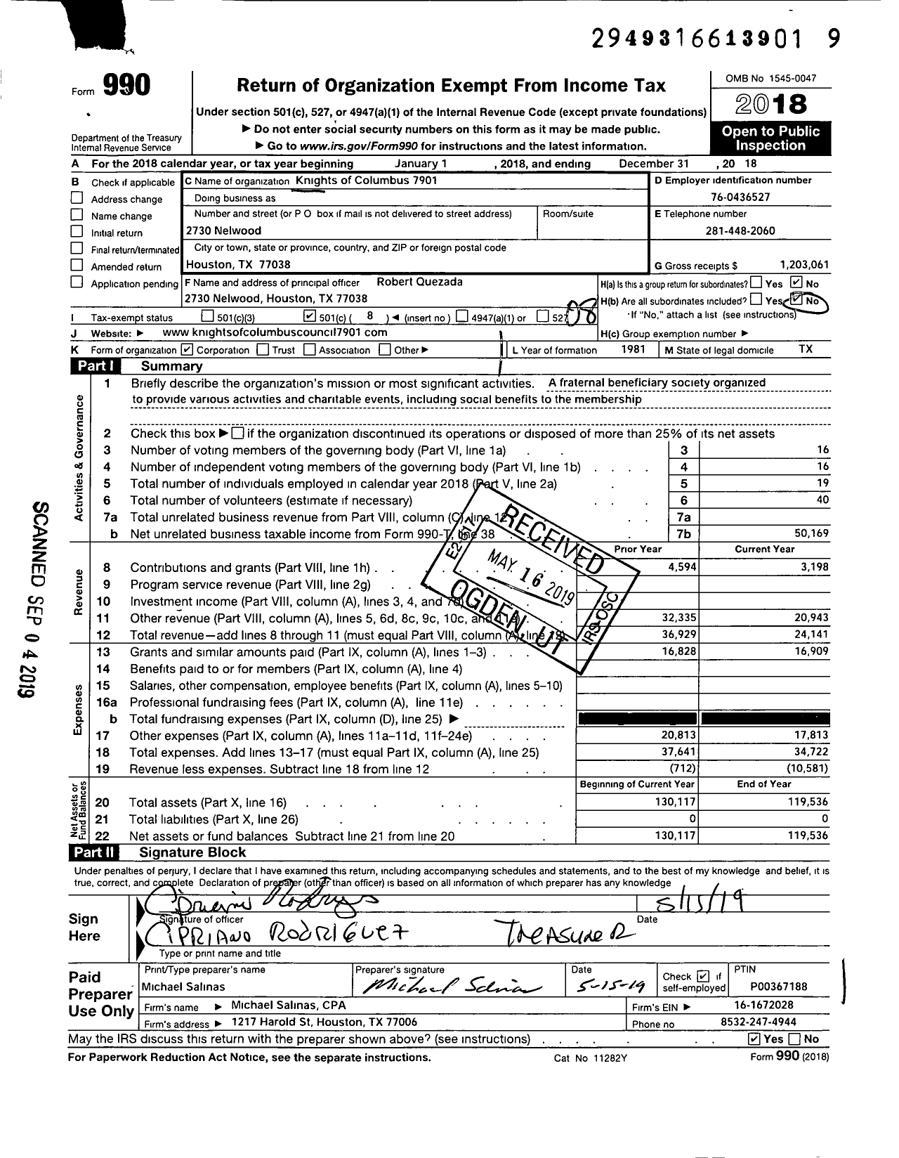 Image of first page of 2018 Form 990O for Knights of Columbus - 7901 Father William H Woods Council