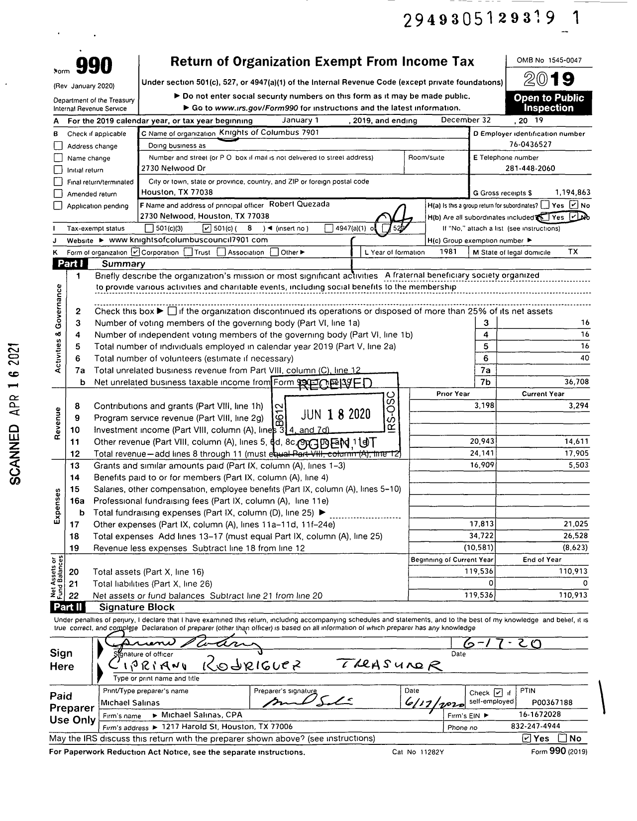 Image of first page of 2019 Form 990O for Knights of Columbus - 7901 Father William H Woods Council