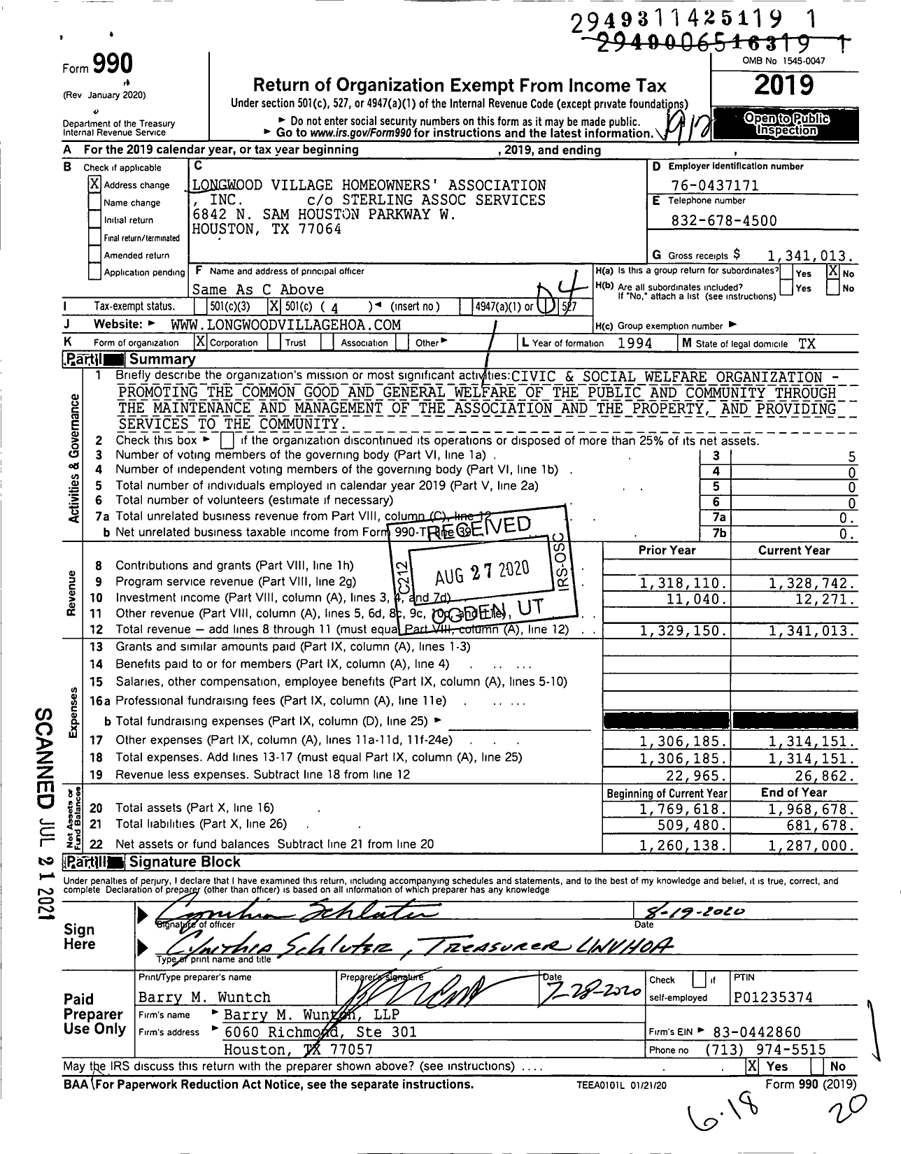 Image of first page of 2019 Form 990O for Longwood Village Homeowners Association