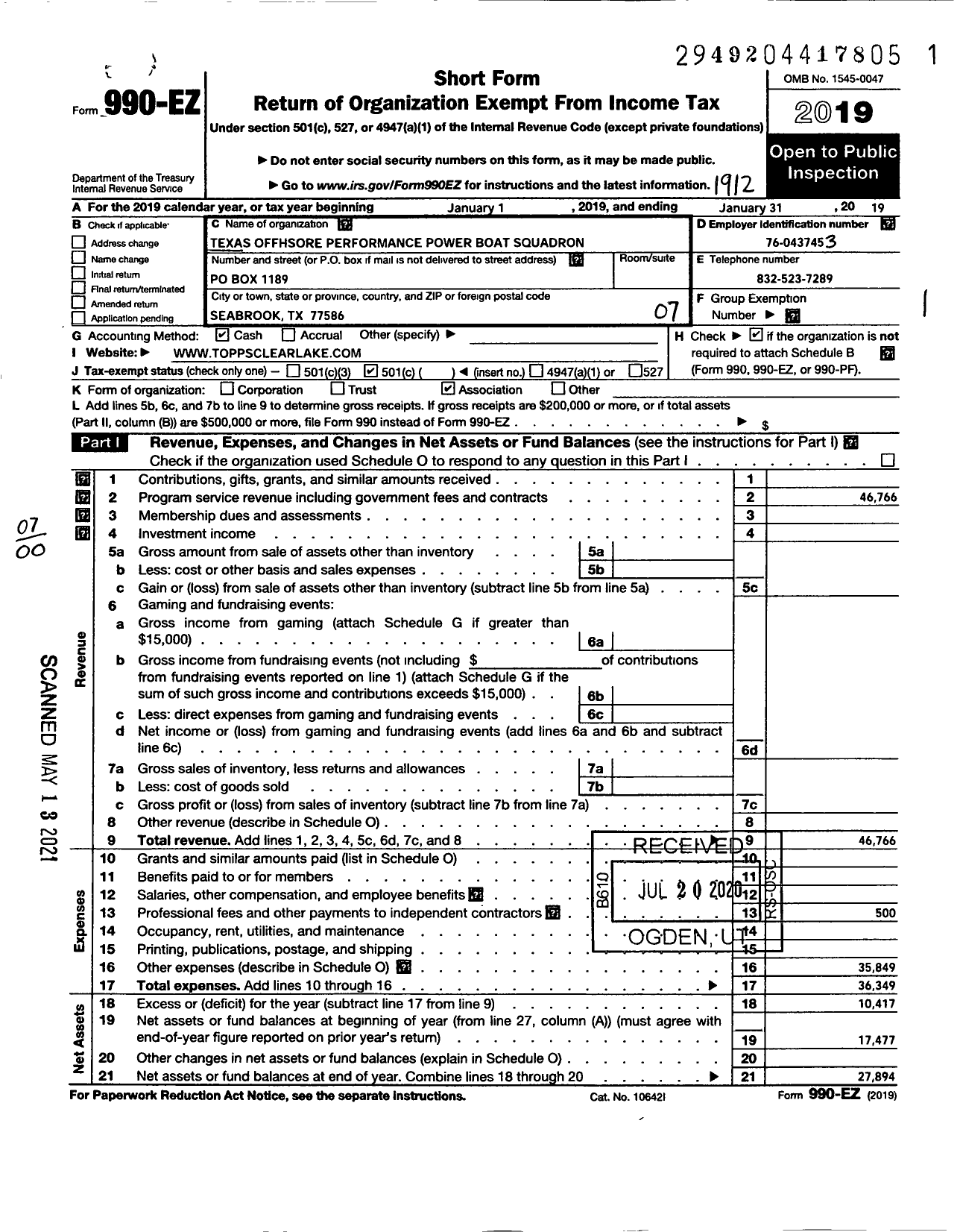 Image of first page of 2019 Form 990EO for Texas Offshore Performance Powerboat Squadron