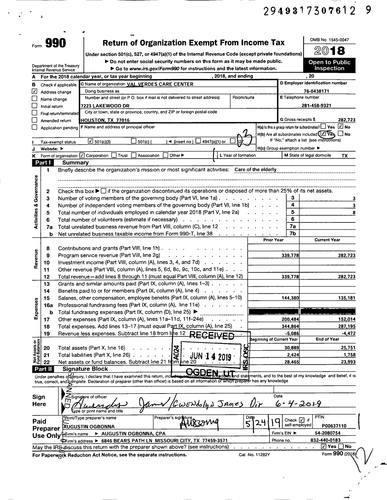 Image of first page of 2018 Form 990 for Val Verdes Care Center