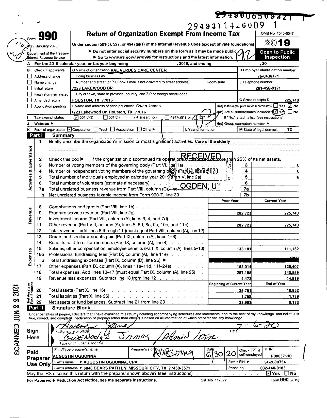 Image of first page of 2019 Form 990 for Val Verdes Care Center